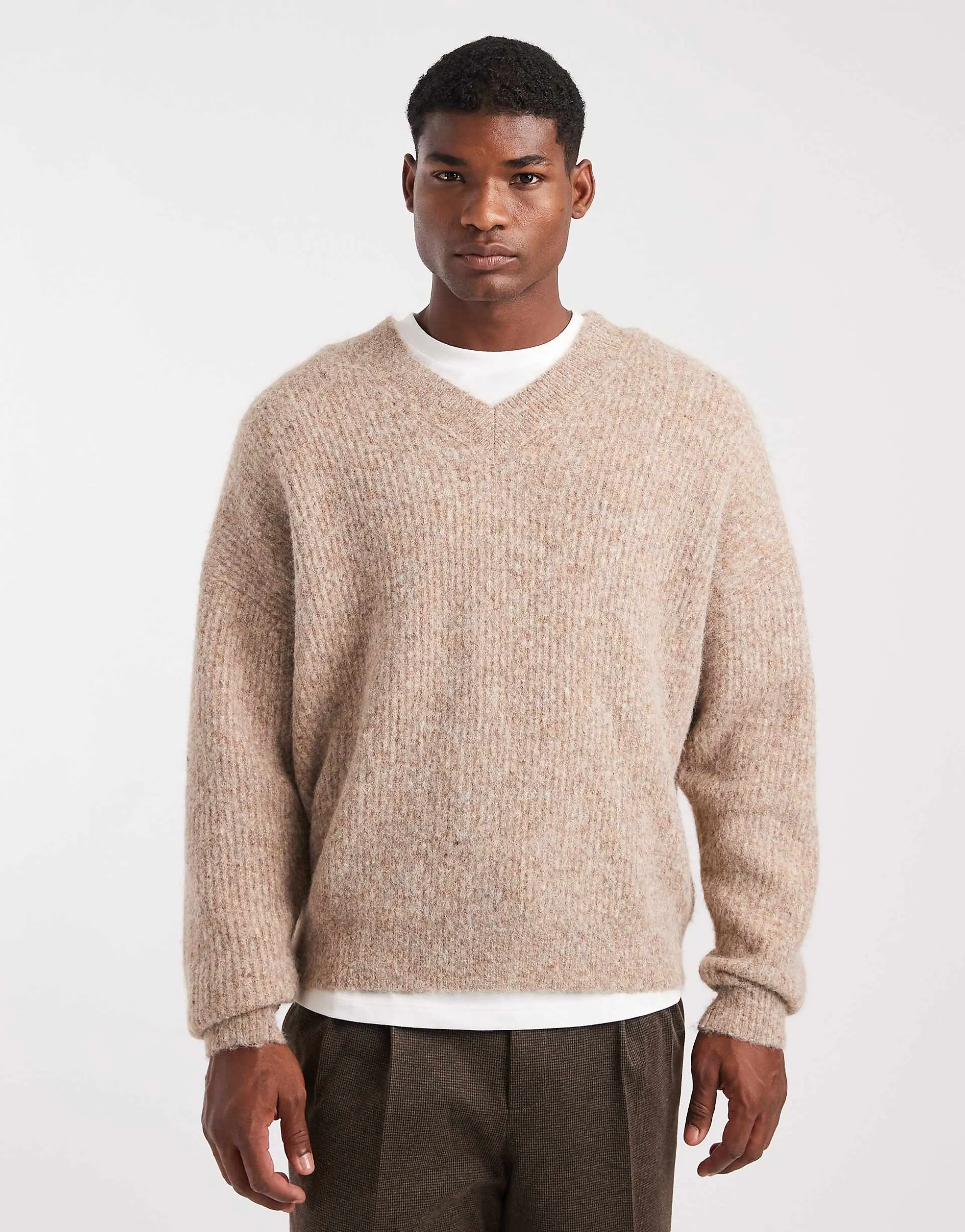 ASOS DESIGN oversized knit v-neck wool blend sweater in beige