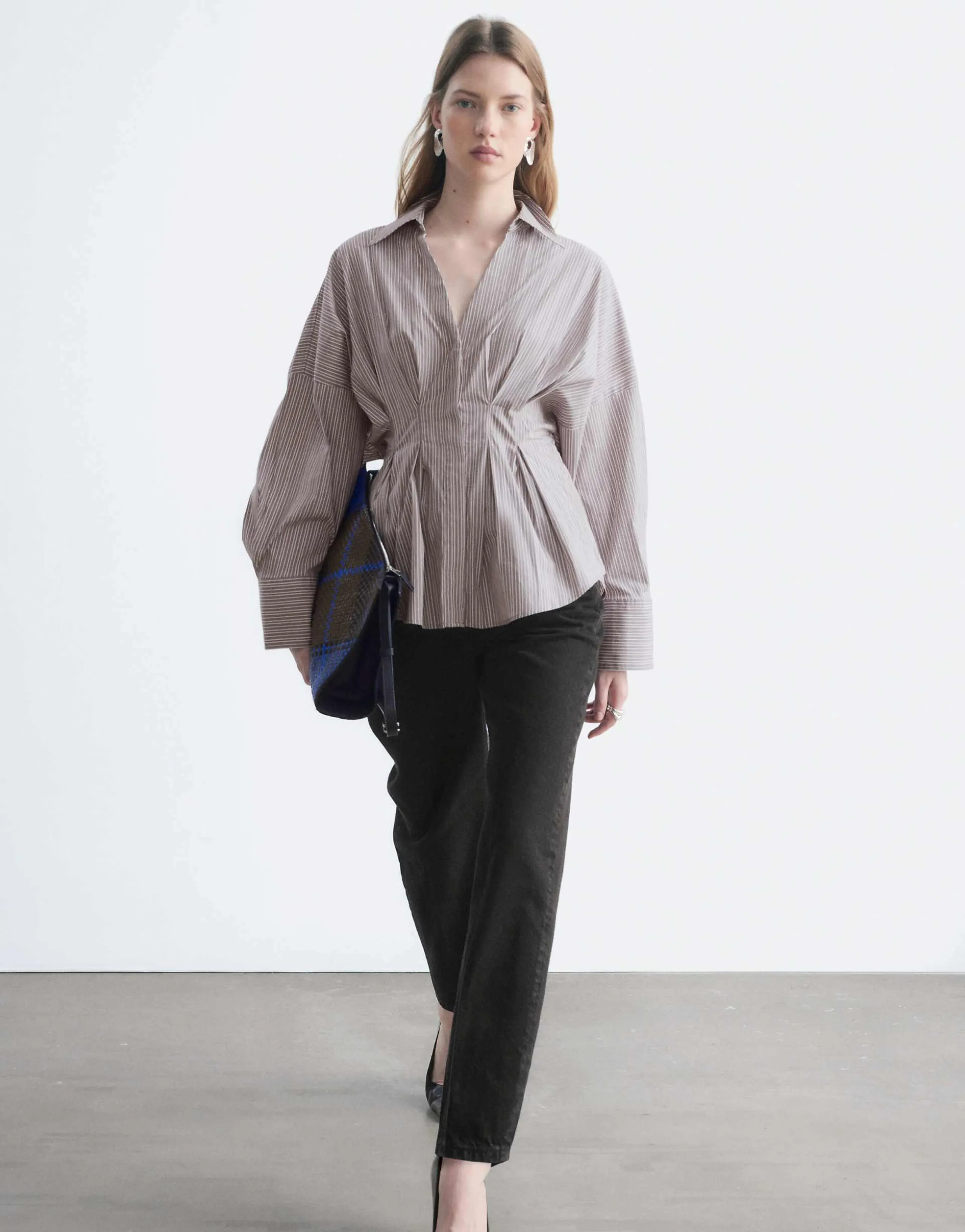 & Other Stories cinched waist peplum shirt in gray pinstripe