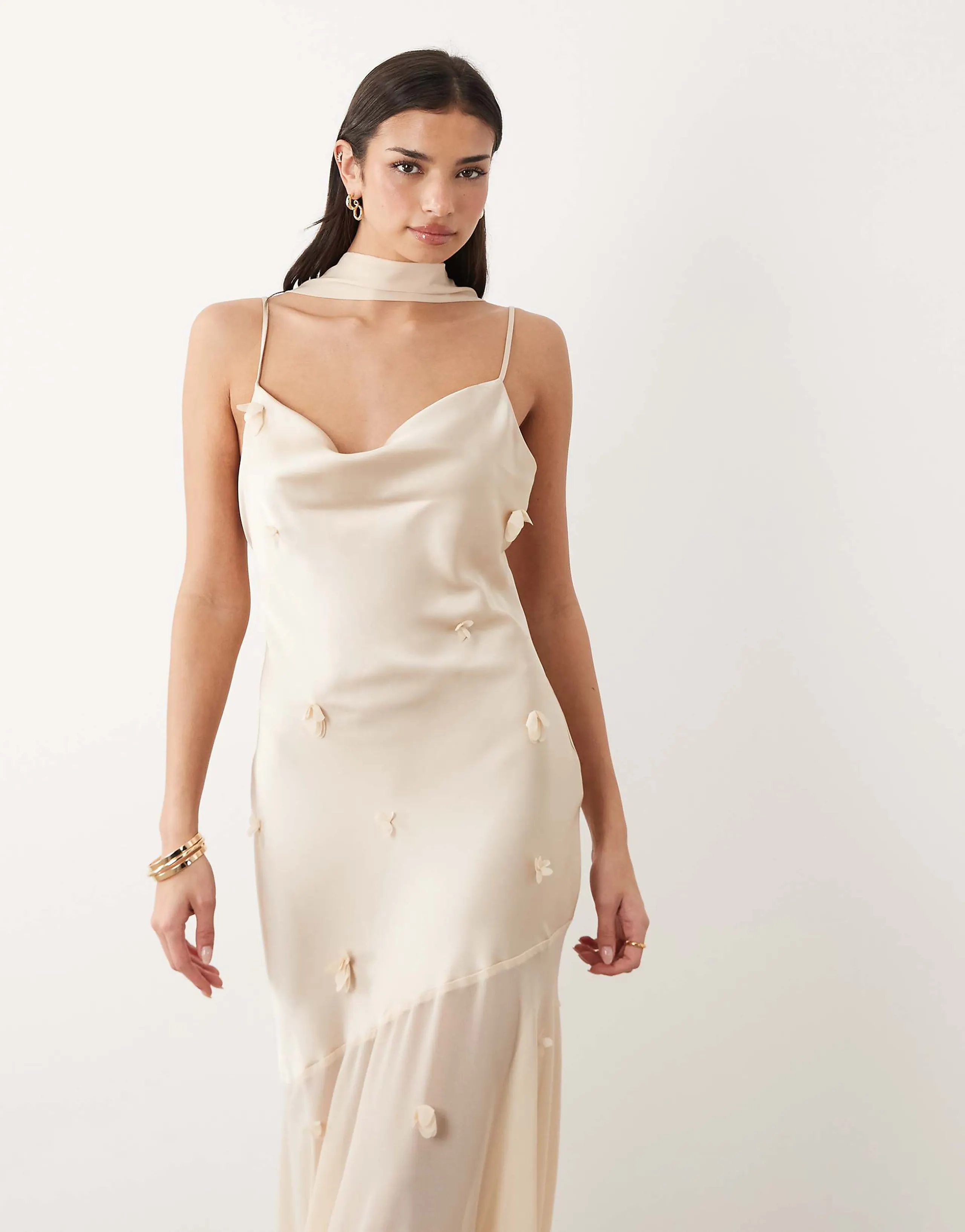Gina Tricot 3D floral cowl neck sheer maxi dress in gold
