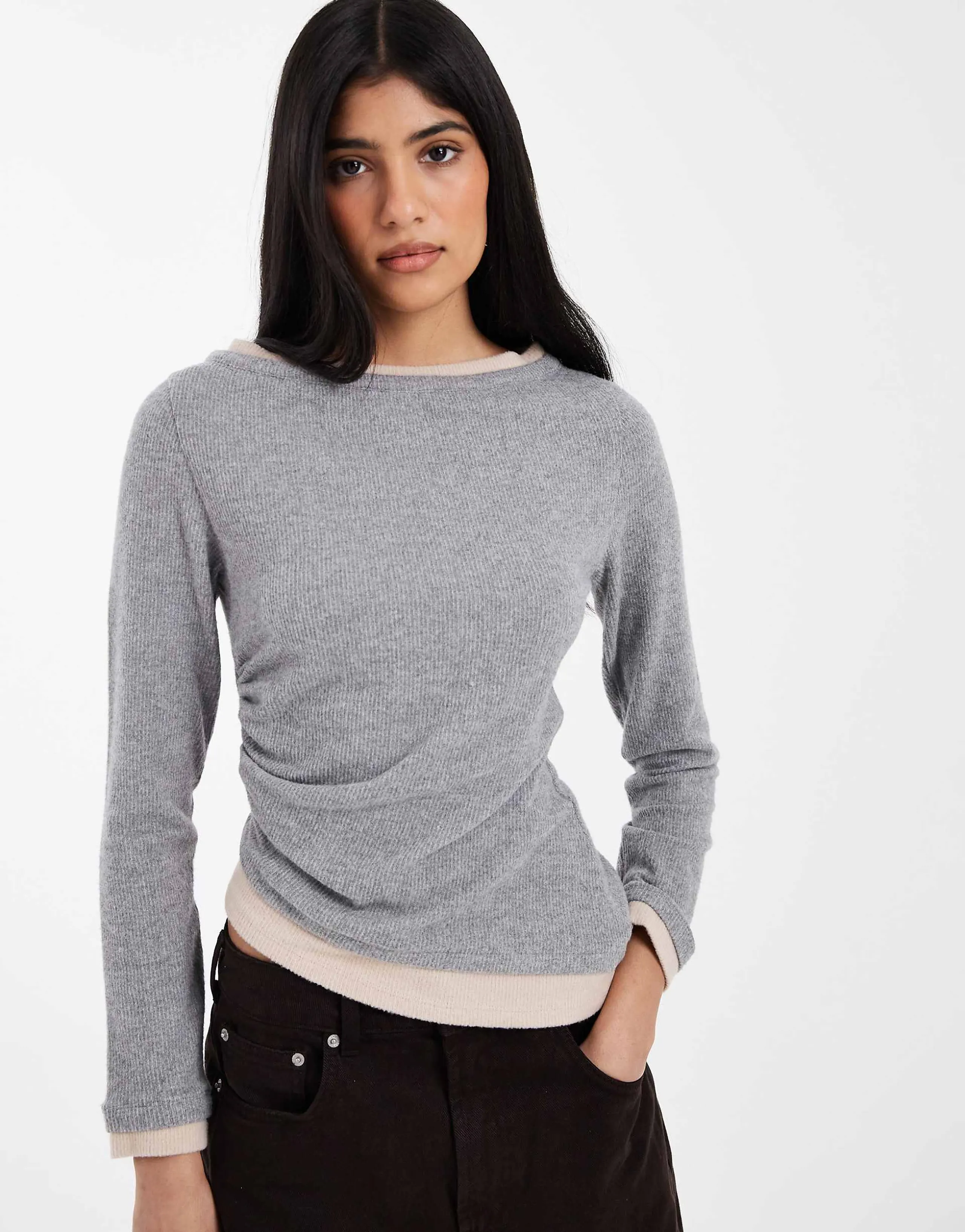 ASOS DESIGN super soft double layer hitched side top in light gray heather