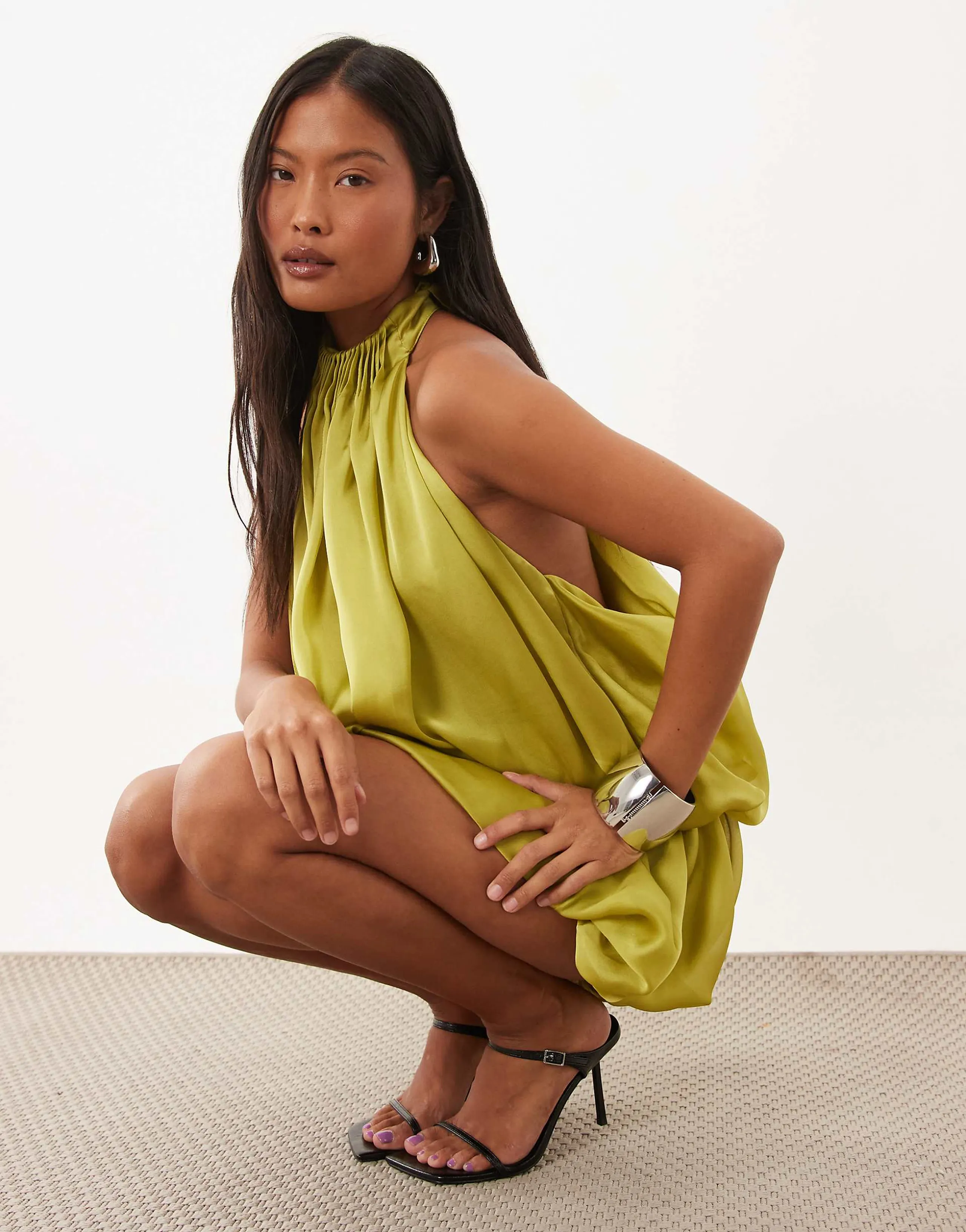 ASOS DESIGN Petite halter neck layered bubble satin mini dress in olive green