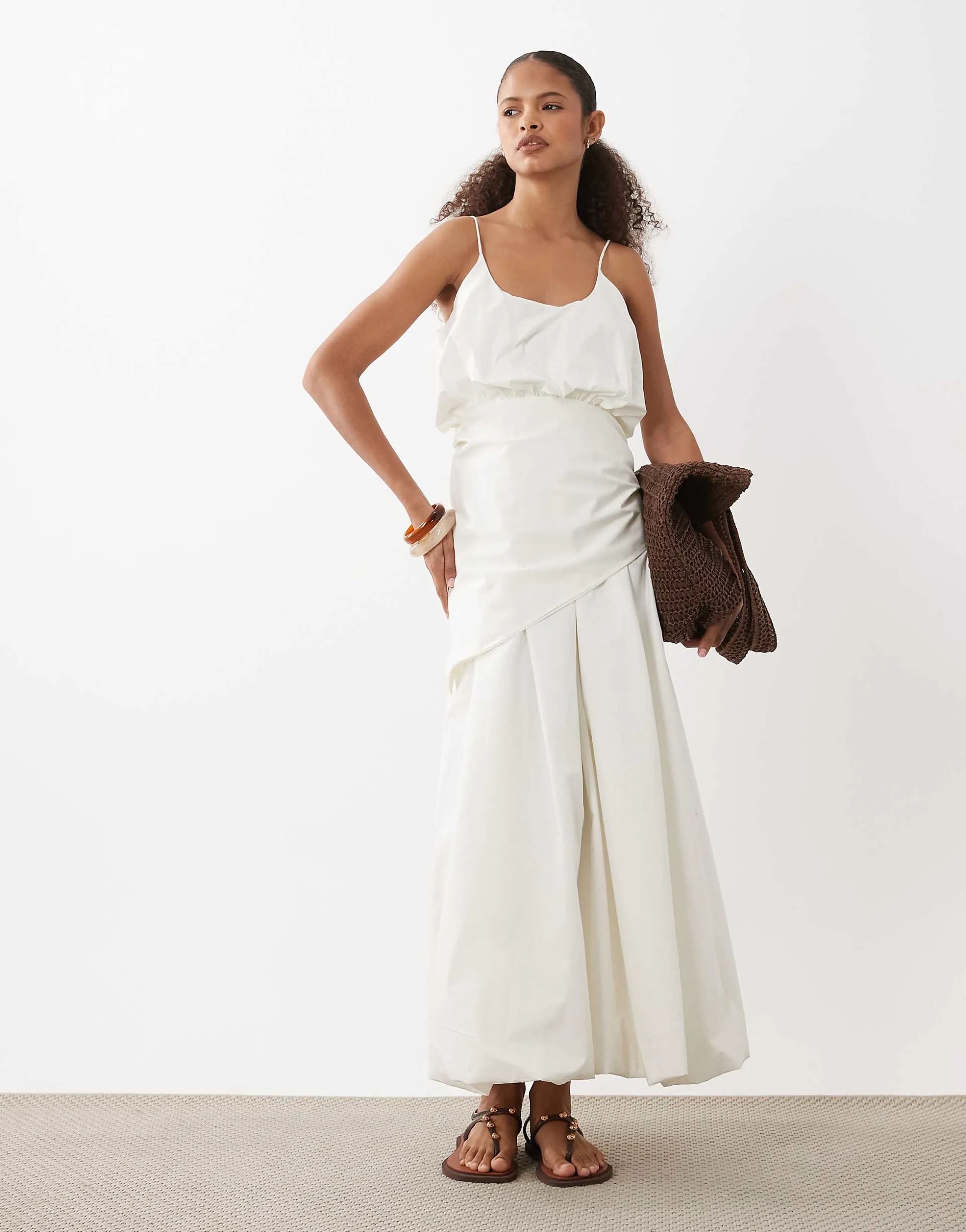ASOS DESIGN cami scoop ruched bubble hem scarf detail midi dress in stone