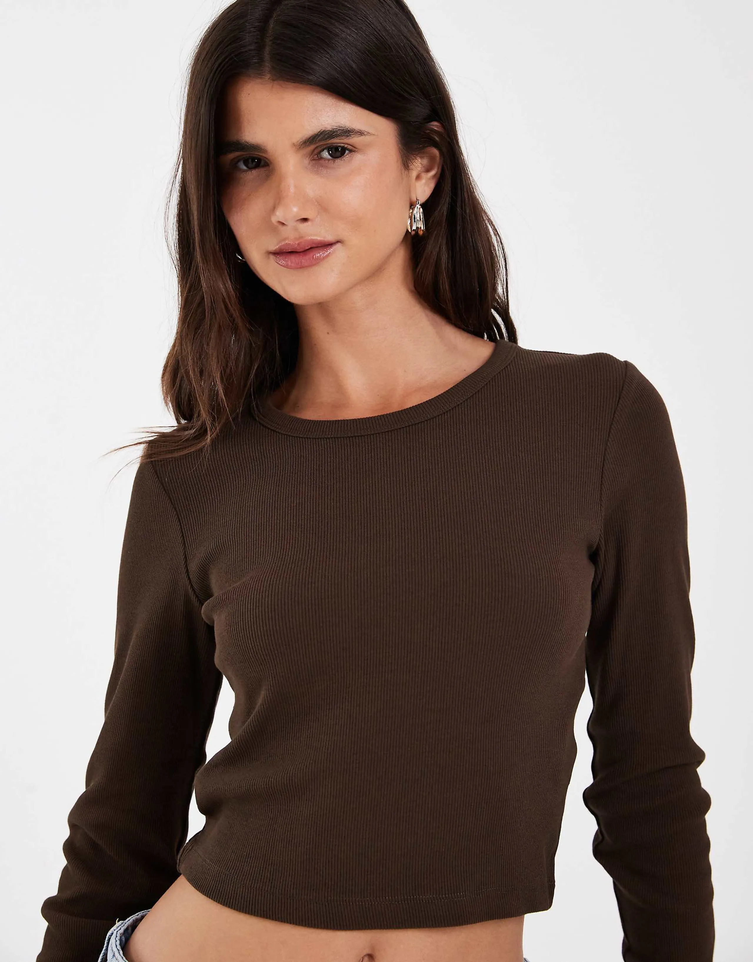 JJXX Feline ribbed crop top in dark brown
