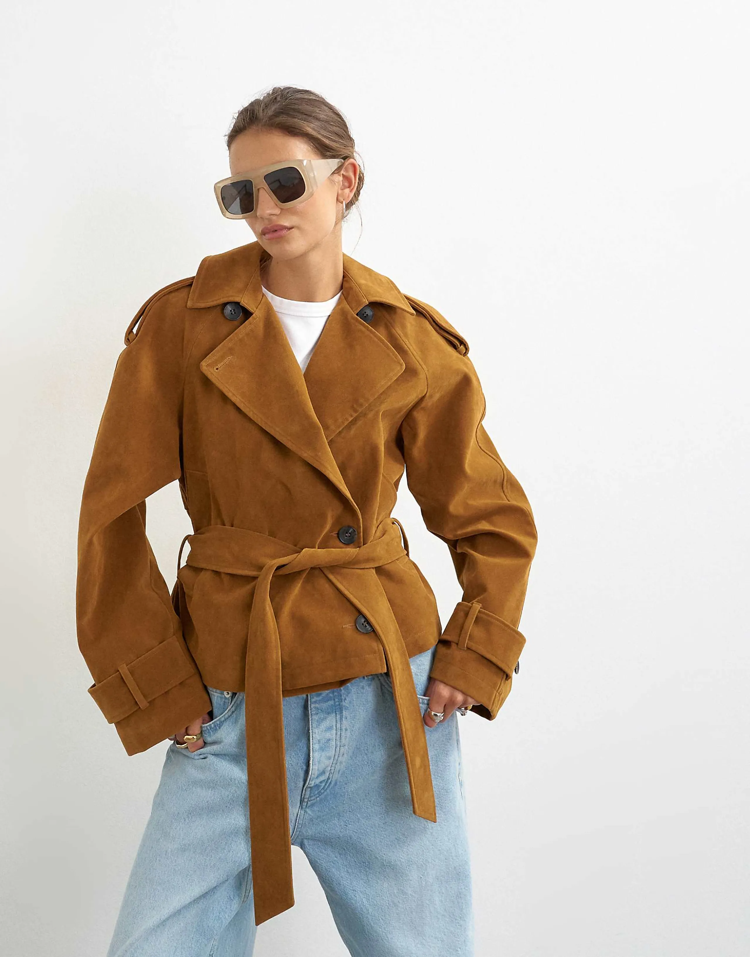 Topshop faux suede belted trench in tan