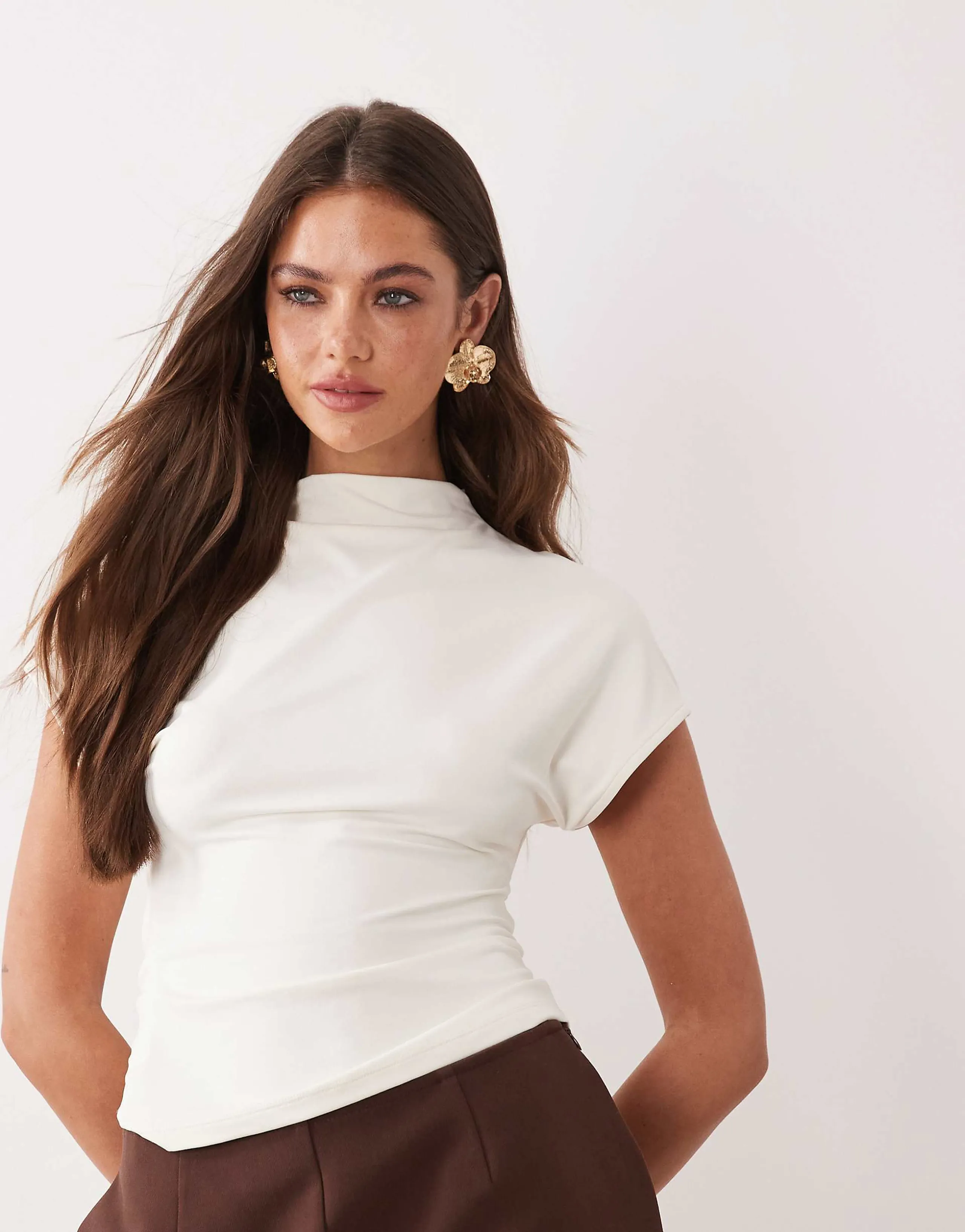 ASOS DESIGN polyamide high neck cap sleeve hardware back top in cream
