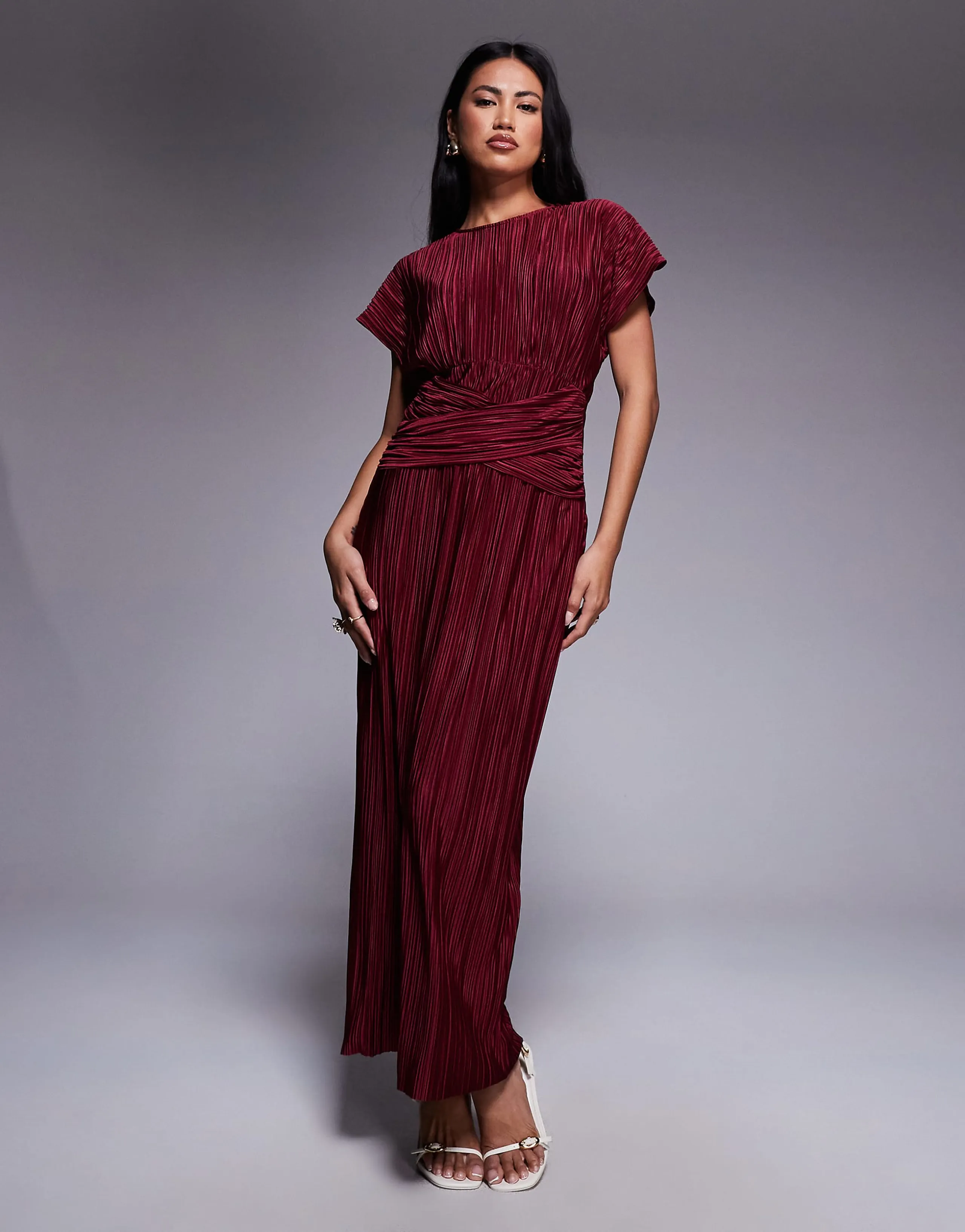 ASOS DESIGN twist front plisse sleeveless maxi dress in wine