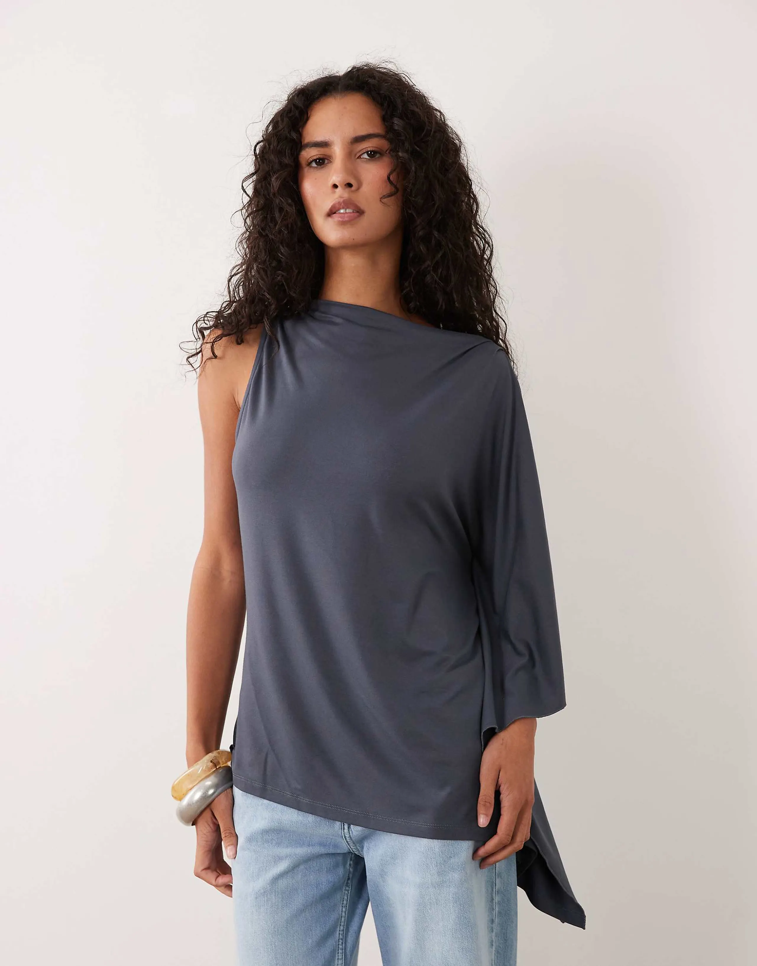 ASOS DESIGN one shoulder cape top in charcoal