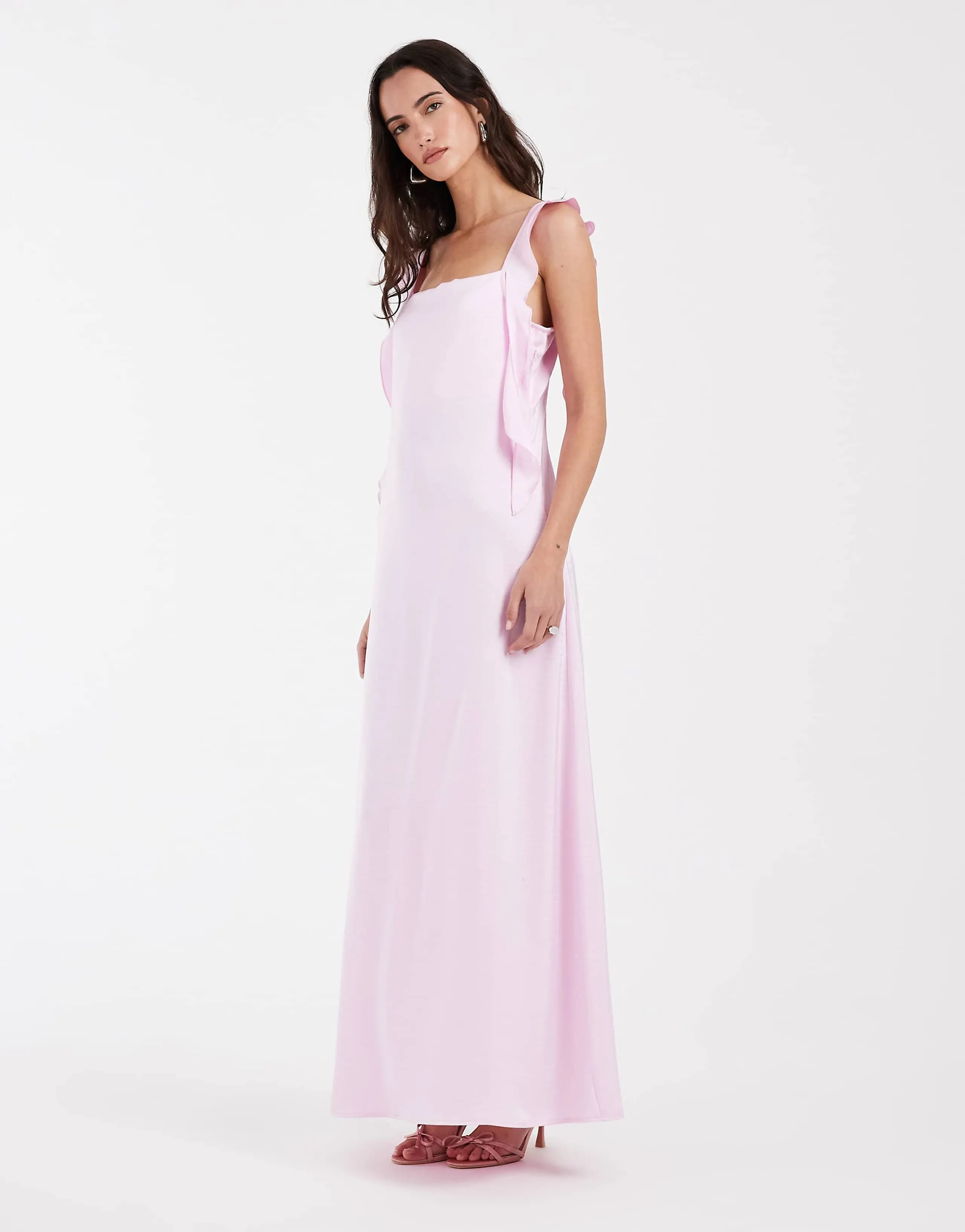 Vero Moda satin cowl neck maxi dress with draped frill detailing in ballerina pink