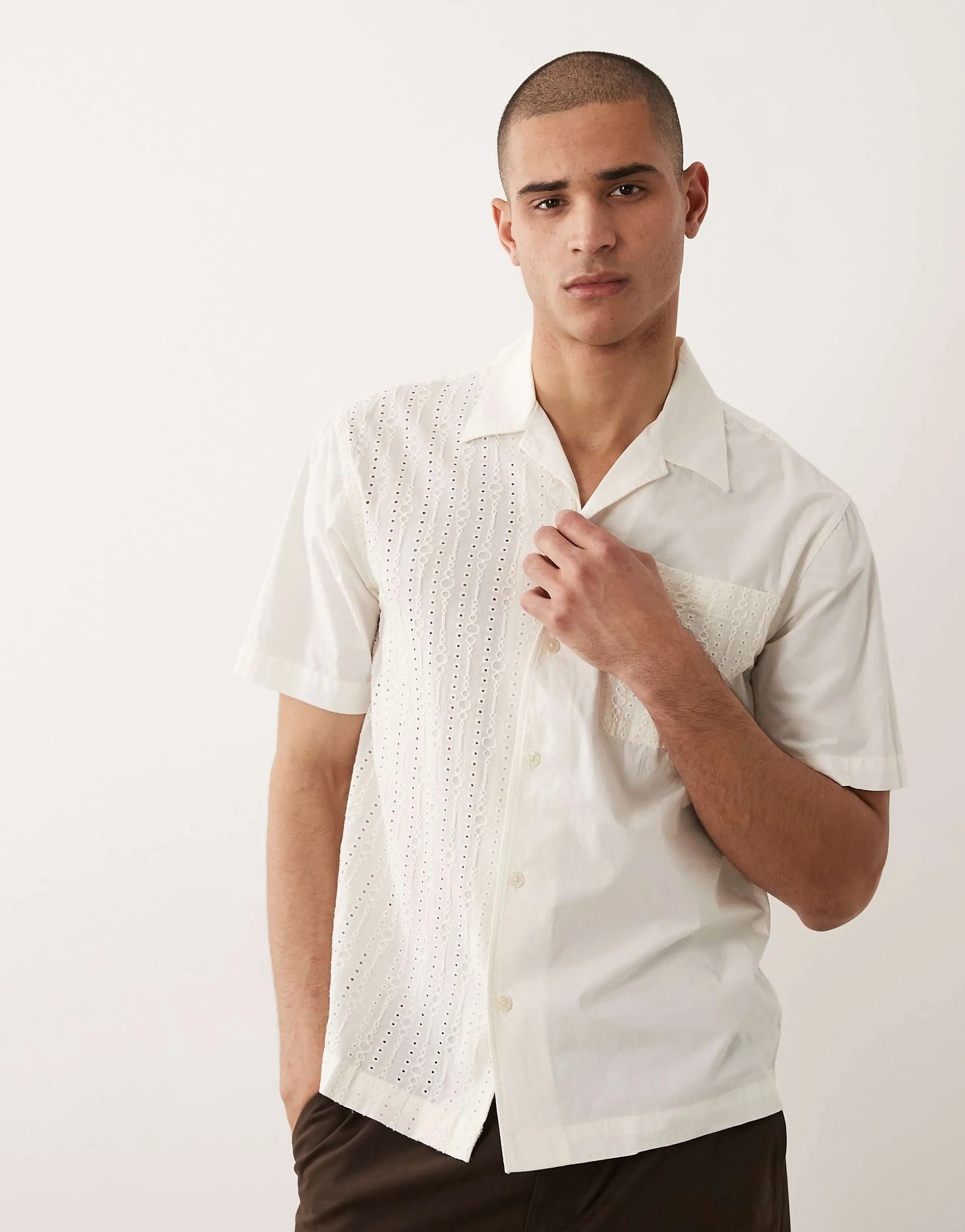 Selected eyelet short sleeve shirt in cream