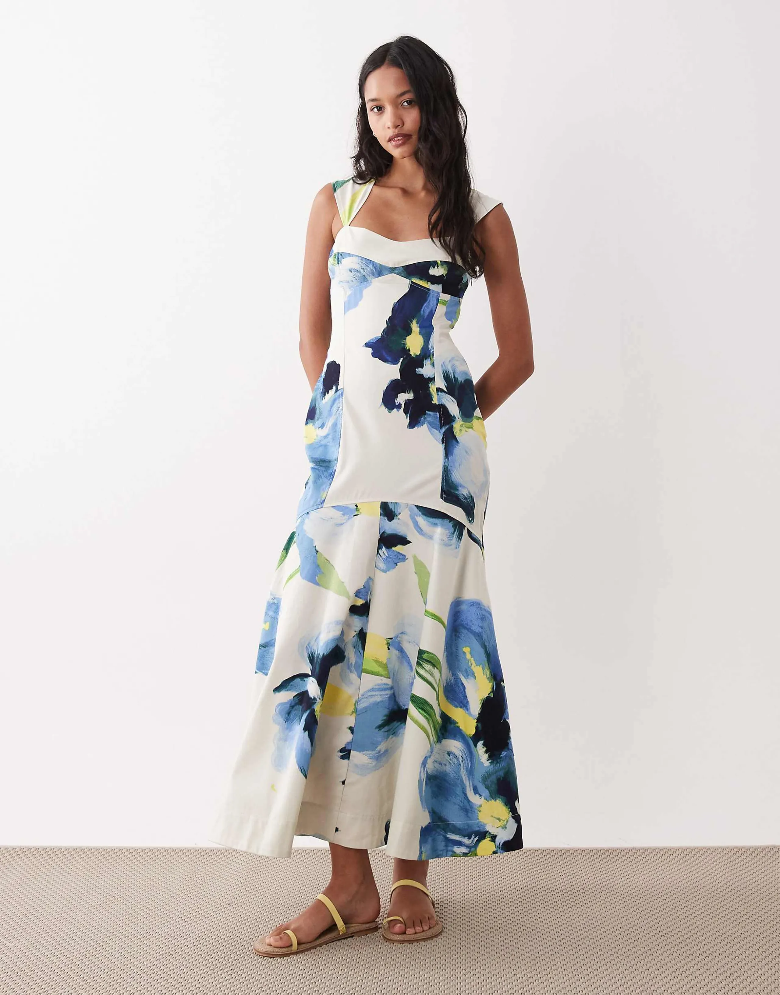 ASOS DESIGN structured cotton dropped waist midaxi dress with tie back in blue abstract floral print