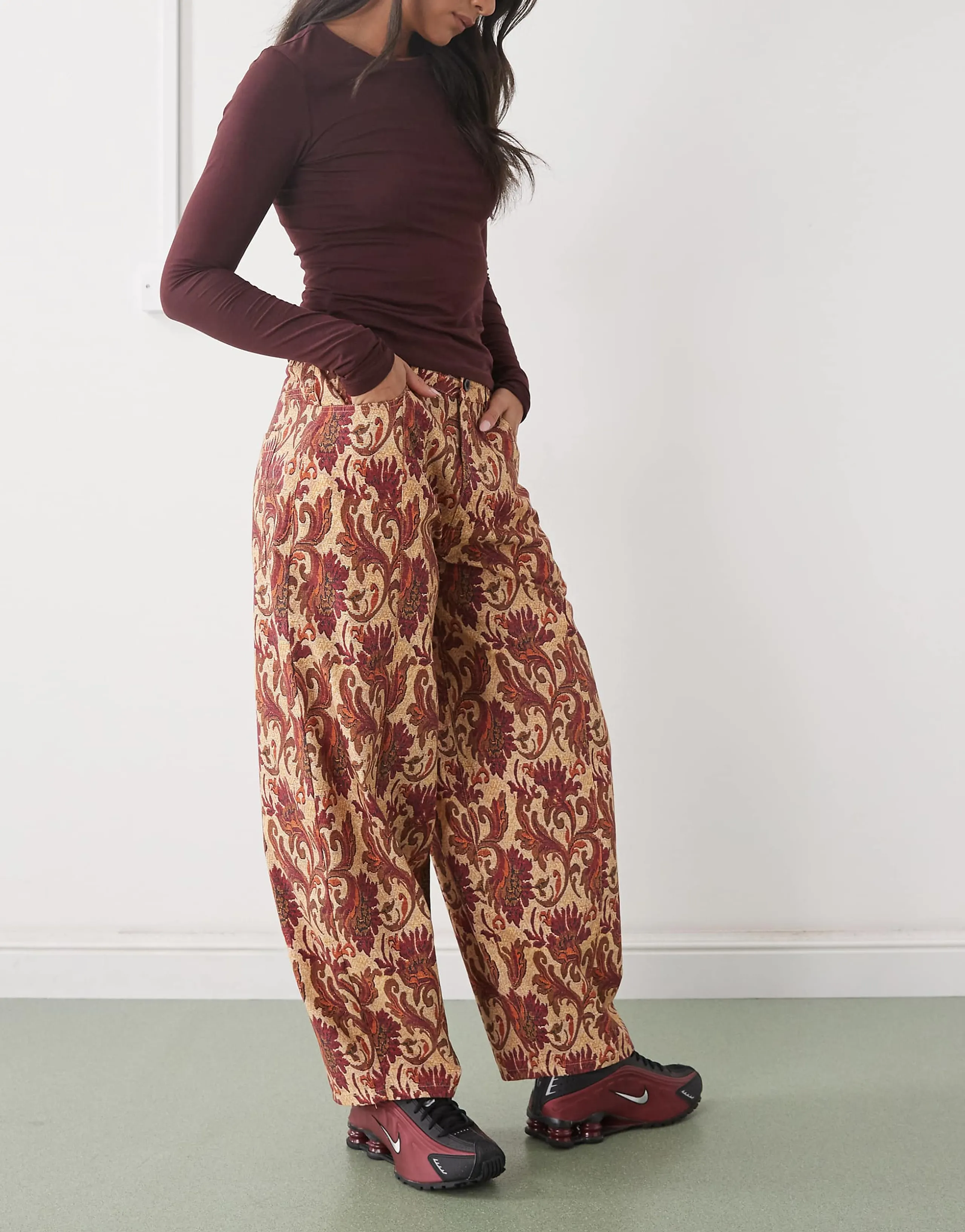 Reclaimed Vintage baggy barrel leg pants in tapestry print 
