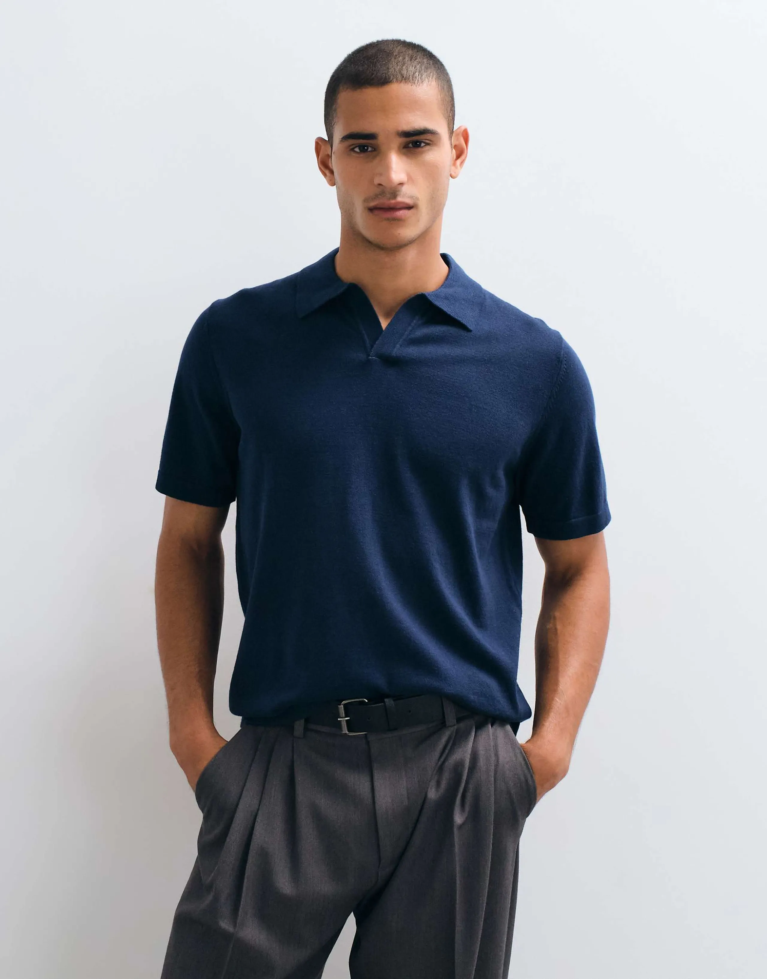 ASOS DESIGN Essential relaxed fine-knit notch neck polo shirt in navy