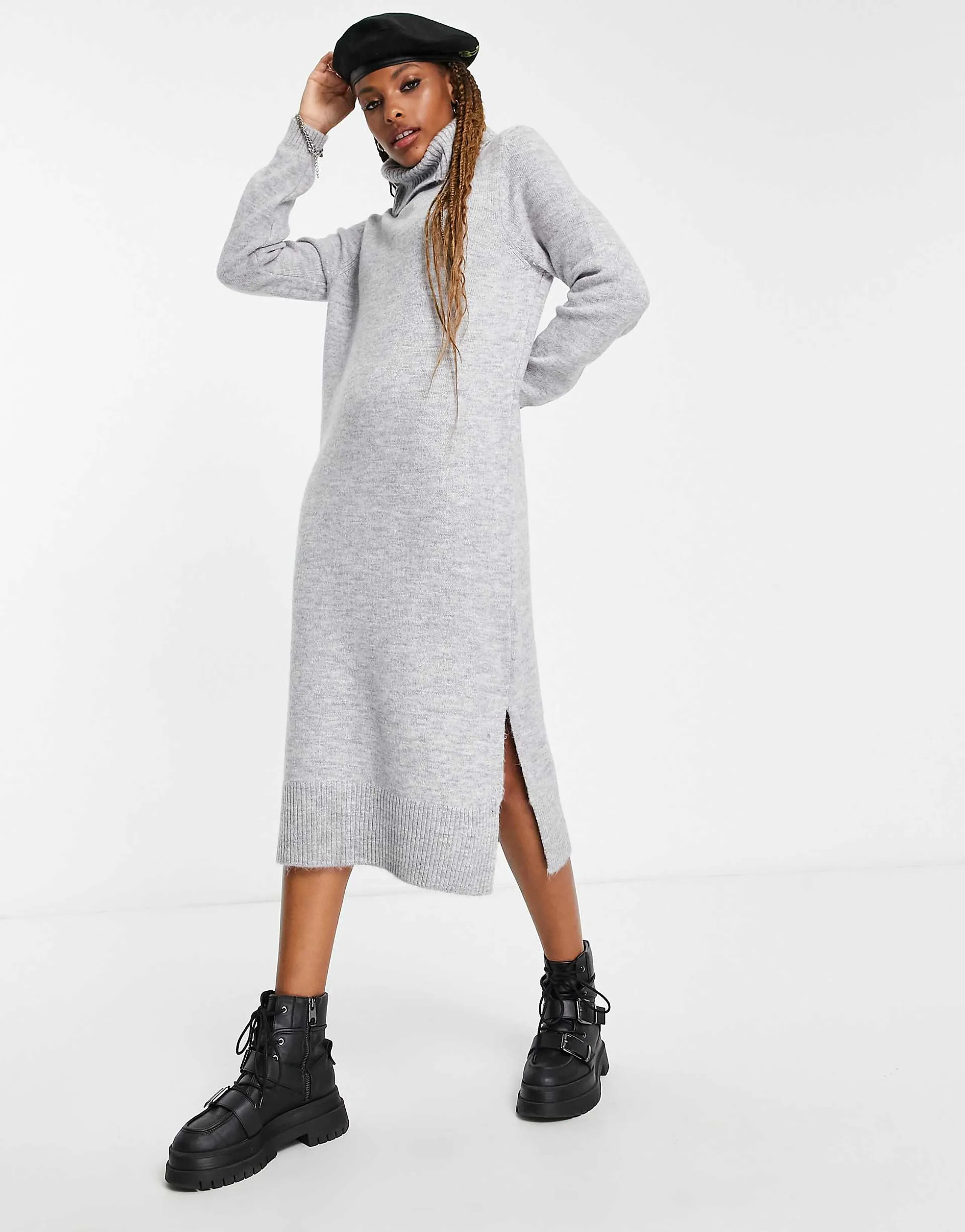 Only roll neck midi sweater dress in light gray 
