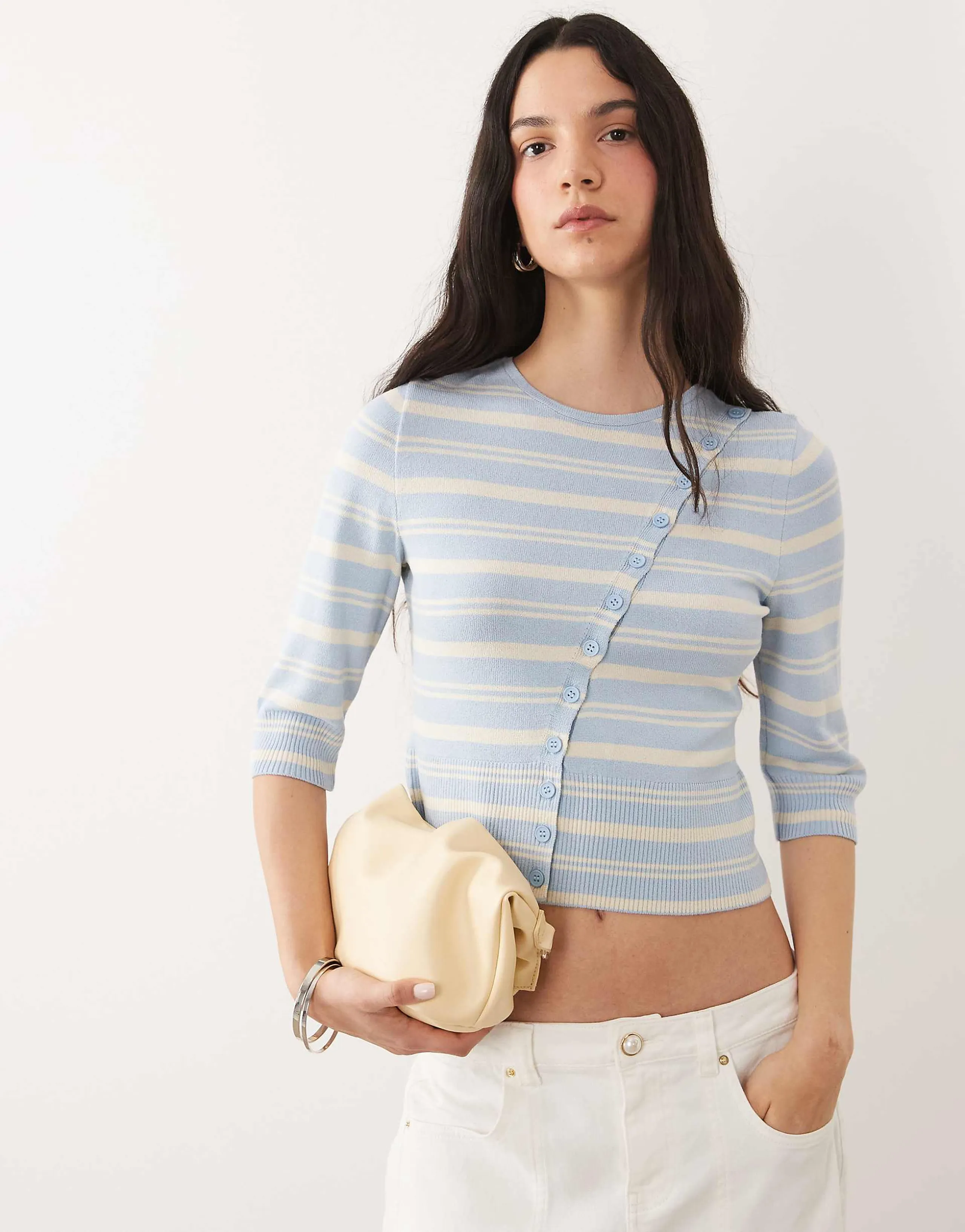 ASOS DESIGN fine knit asymmetrical cardigan in blue stripe