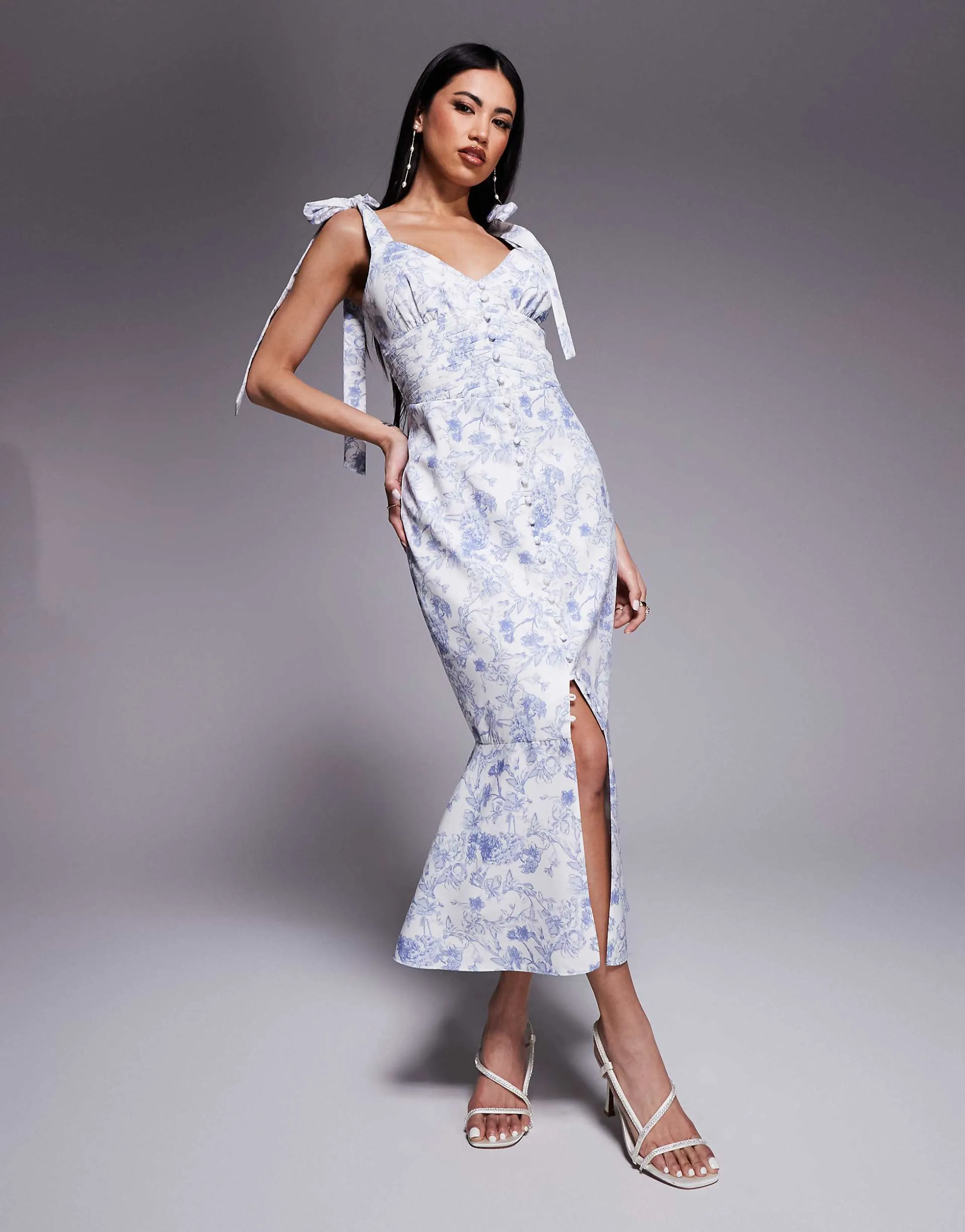 Lavish Alice satin tie strap micro button midi dress in blue porcelain print