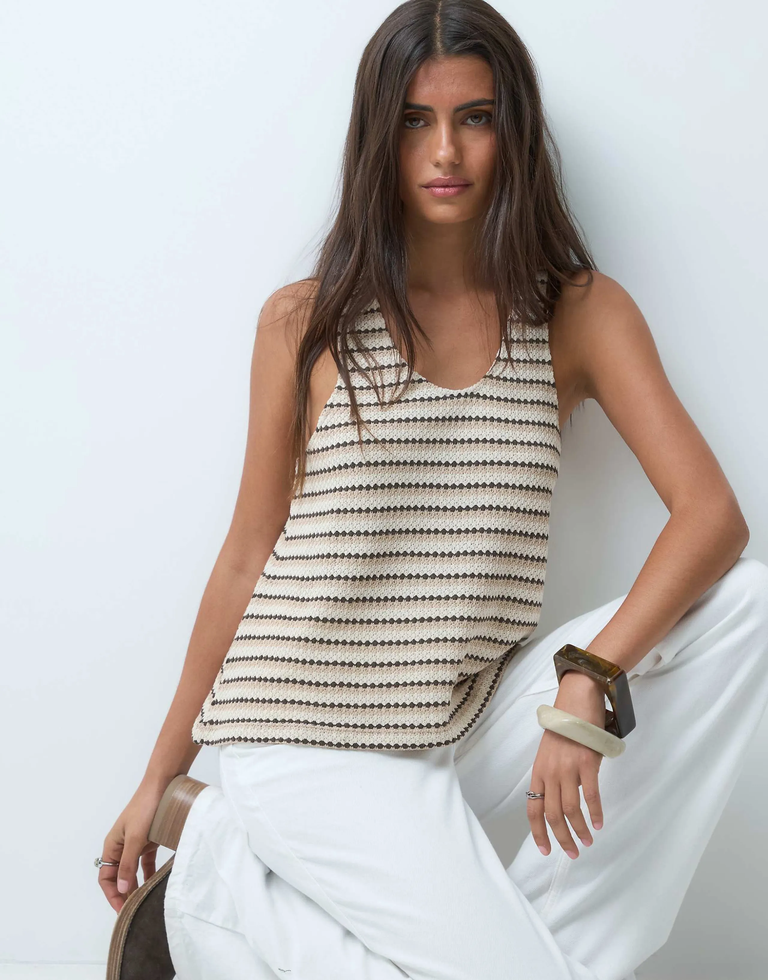 ASOS DESIGN jersey crochet scoop neck top in brown stripe - part of a set
