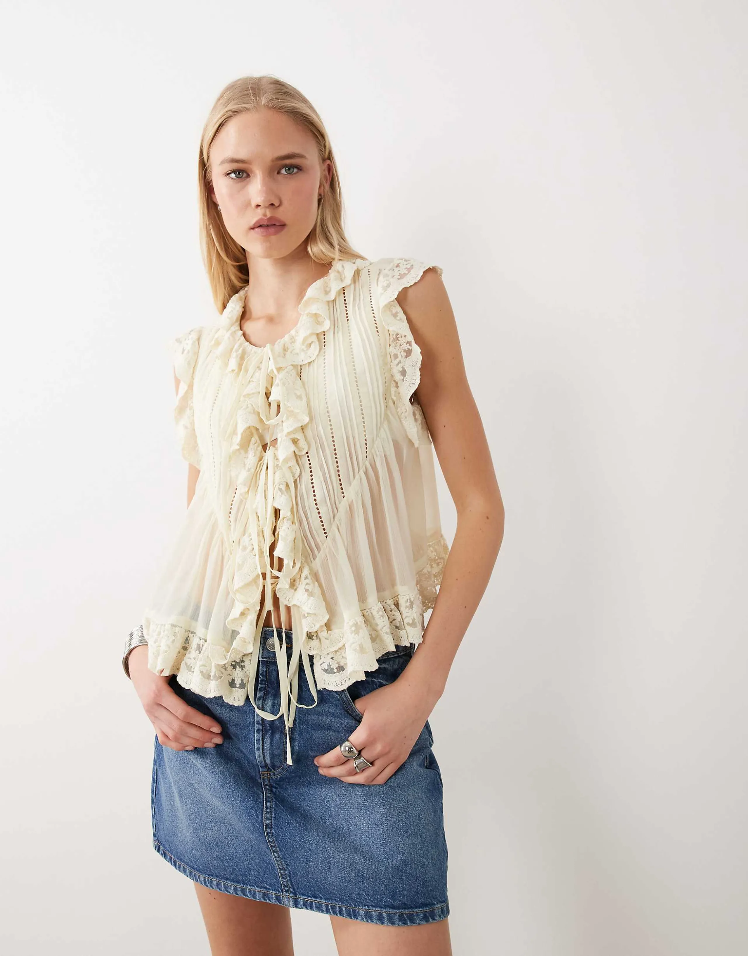 Miss Selfridge chiffon tie front lace trim blouse in ecru