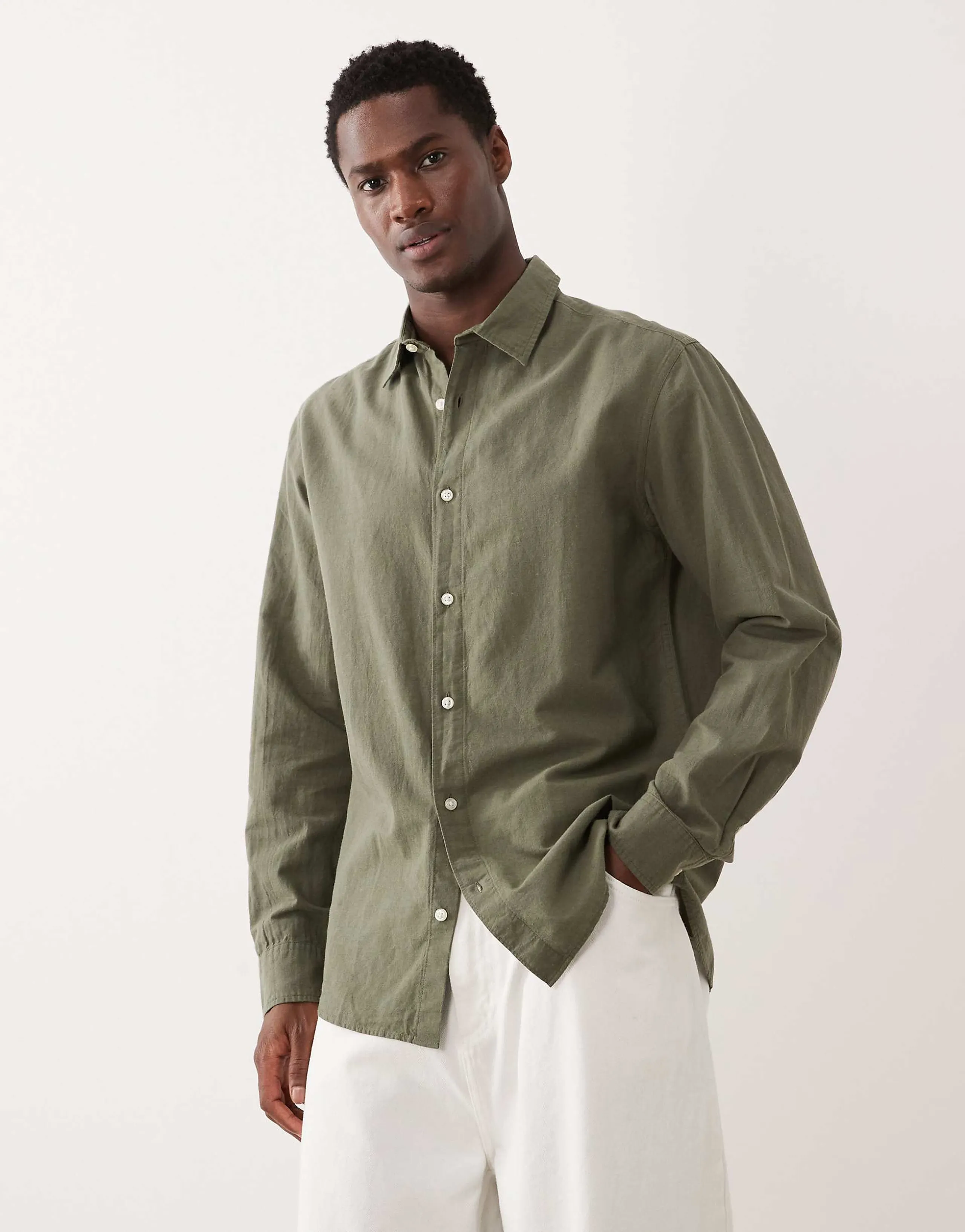Jack & Jones linen blend regular shirt in khaki