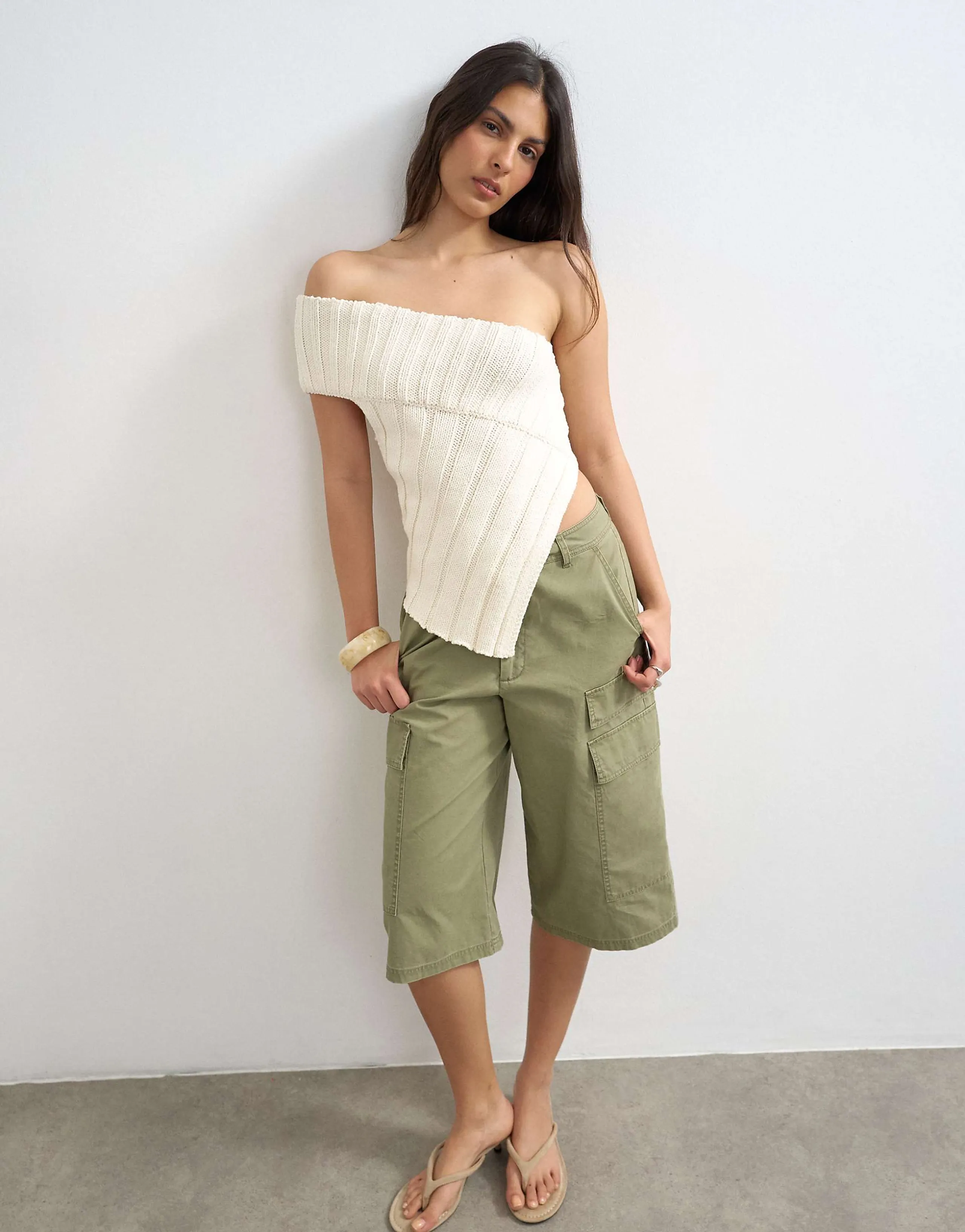 Topshop knit one shoulder asymmetric top in ivory