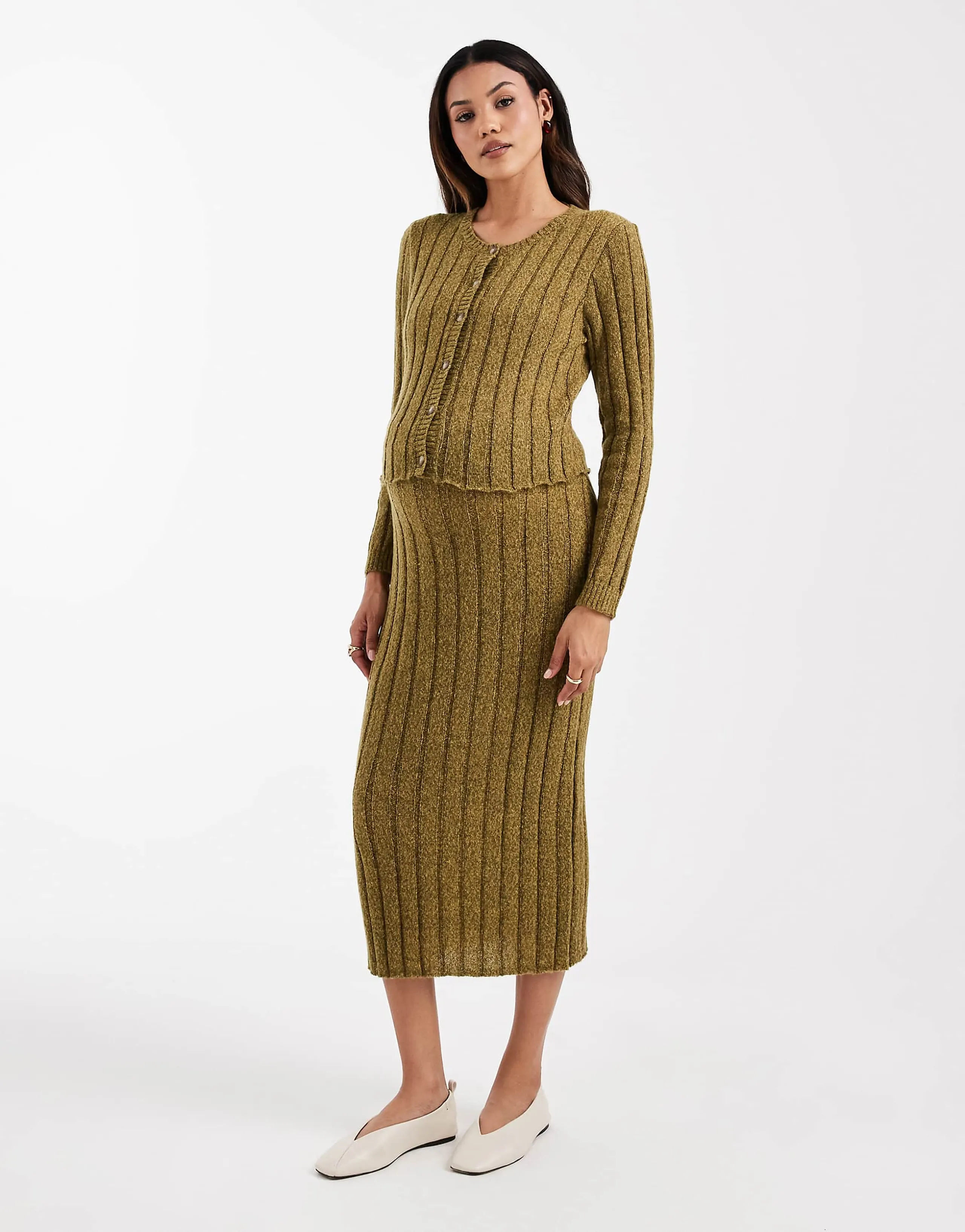Mamalicious Maternity rib knit midi skirt in chartreuse - part of a set