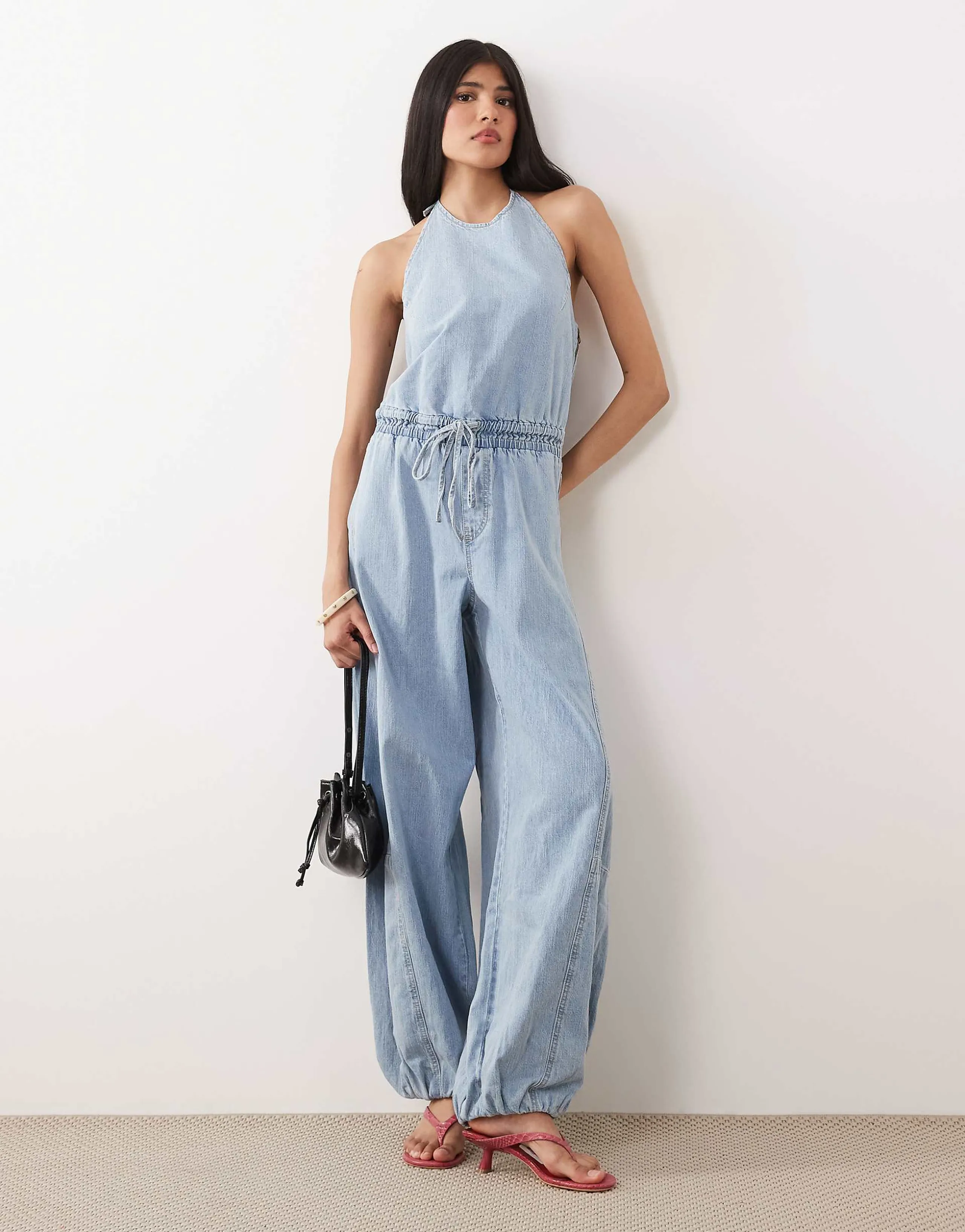 Abercrombie & Fitch high neck balloon leg denim jumpsuit in light blue wash