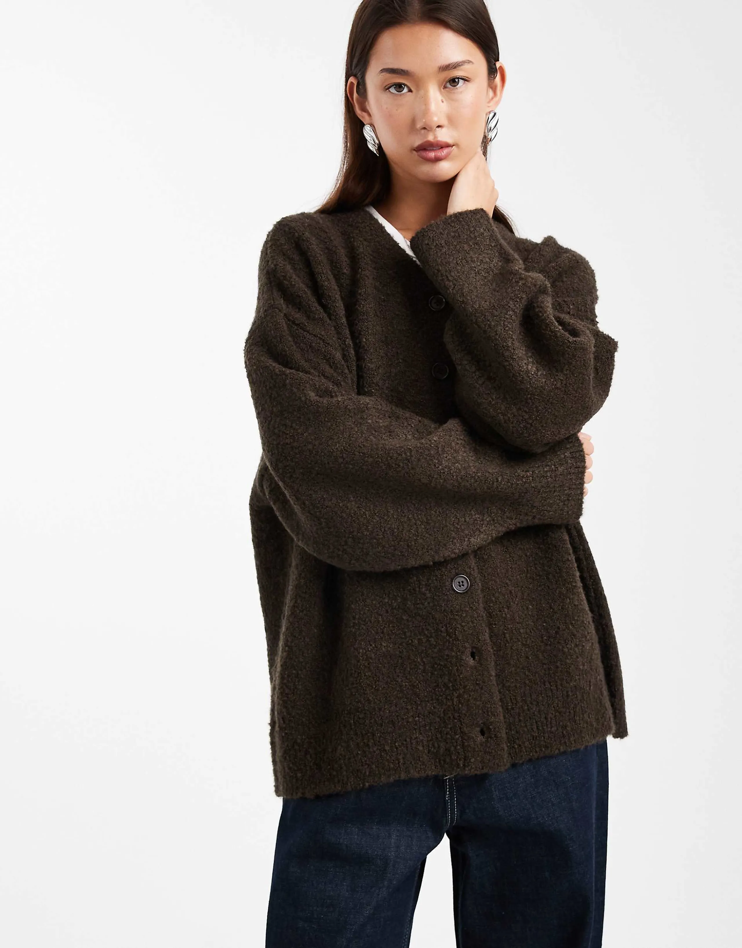 ASOS DESIGN boucle boyfriend cardigan in chocolate