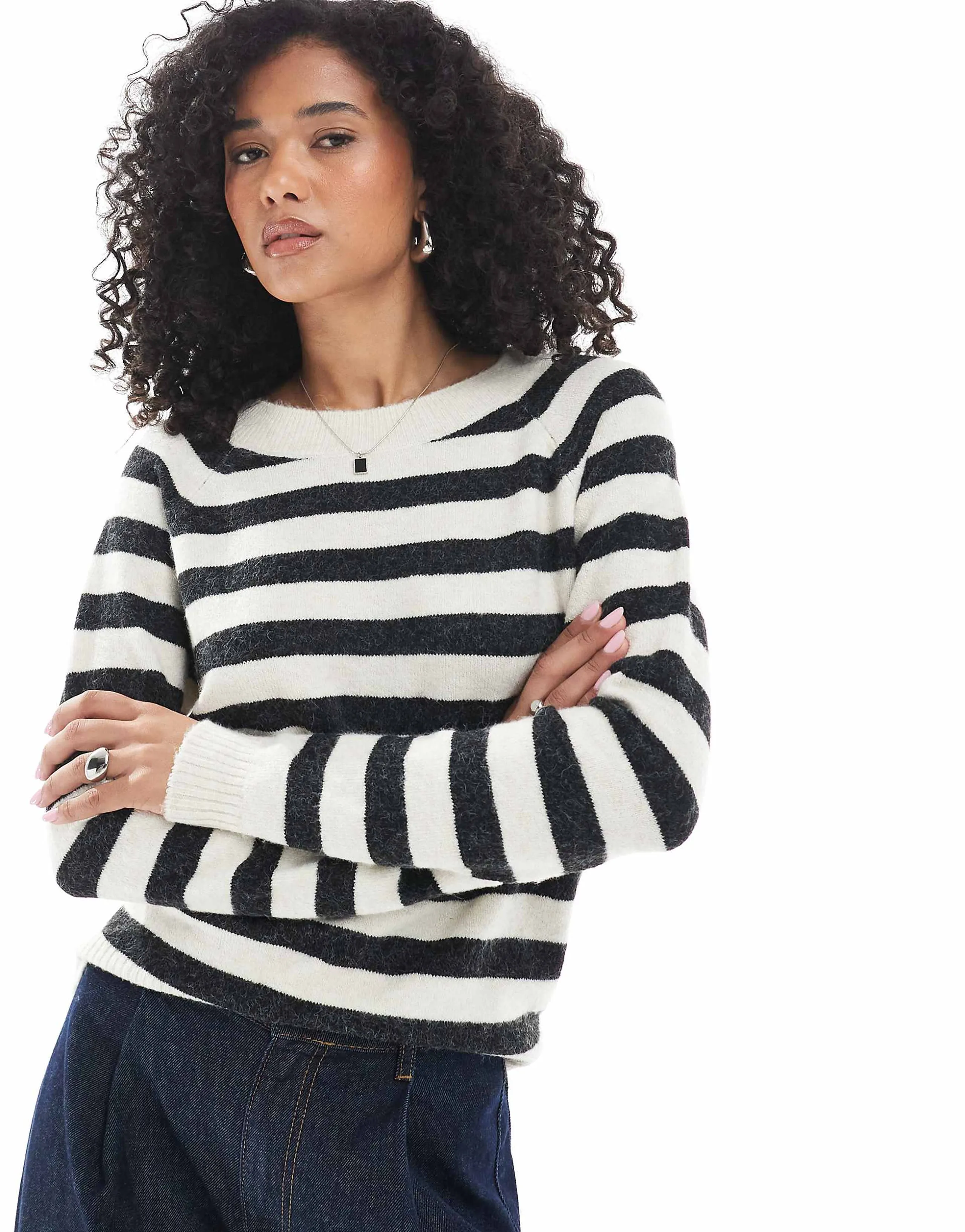 Vero Moda round neck knit sweater in cream and heathered black stripes