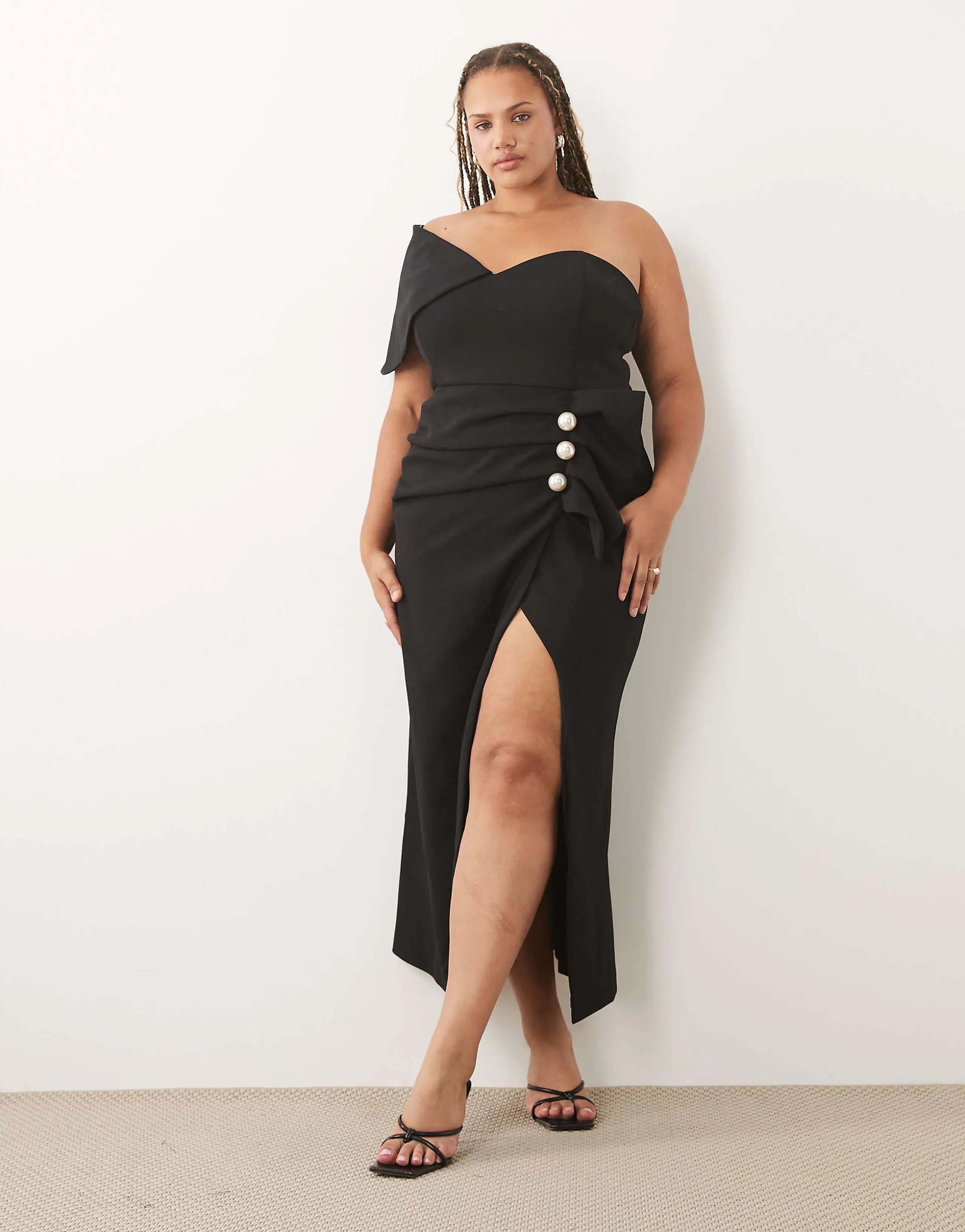 ASOS LUXE Curve structured draped midaxi dress with faux-pearl detailing in black