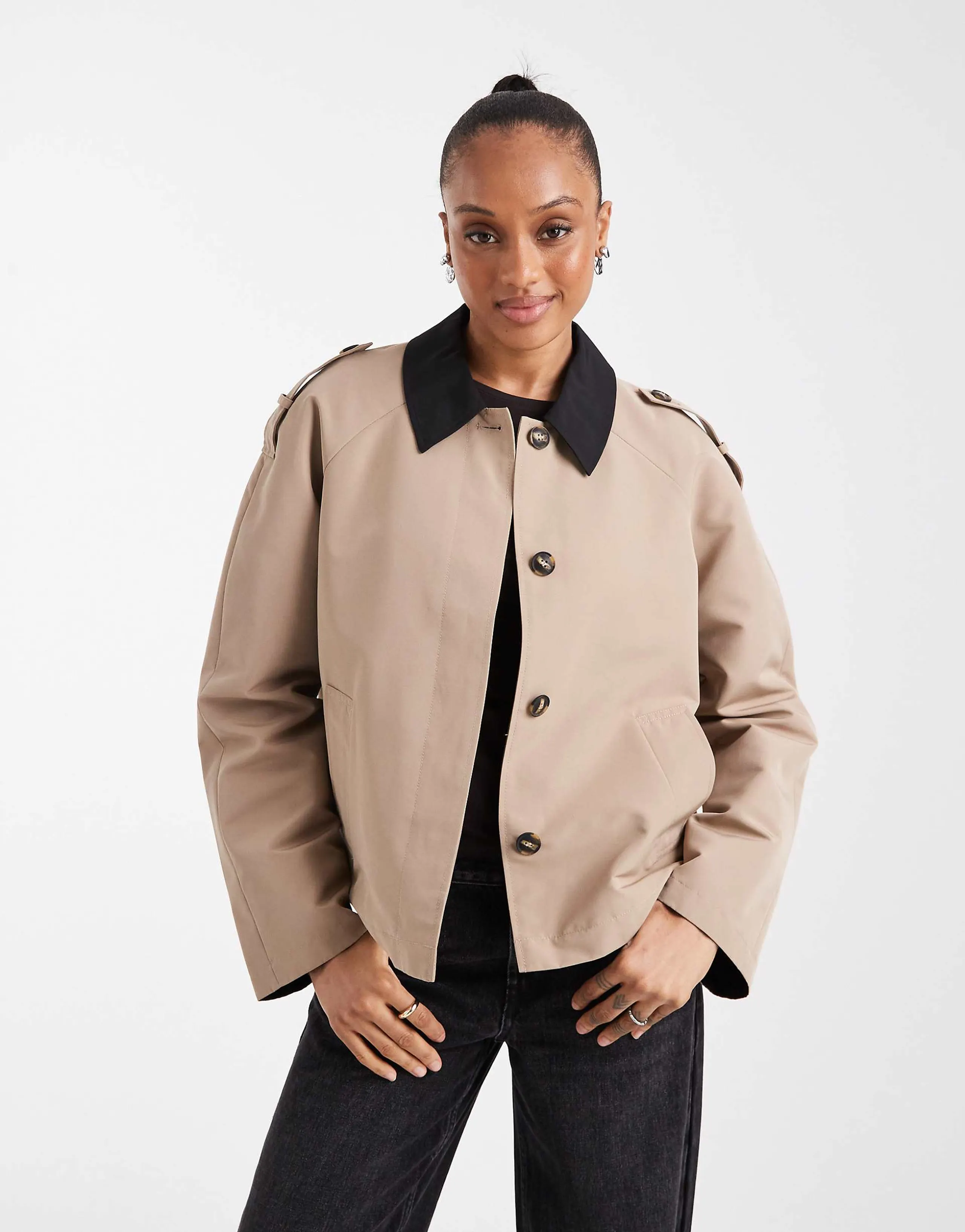 Vero Moda Tall clean cropped trench coat with contrast collar in camel