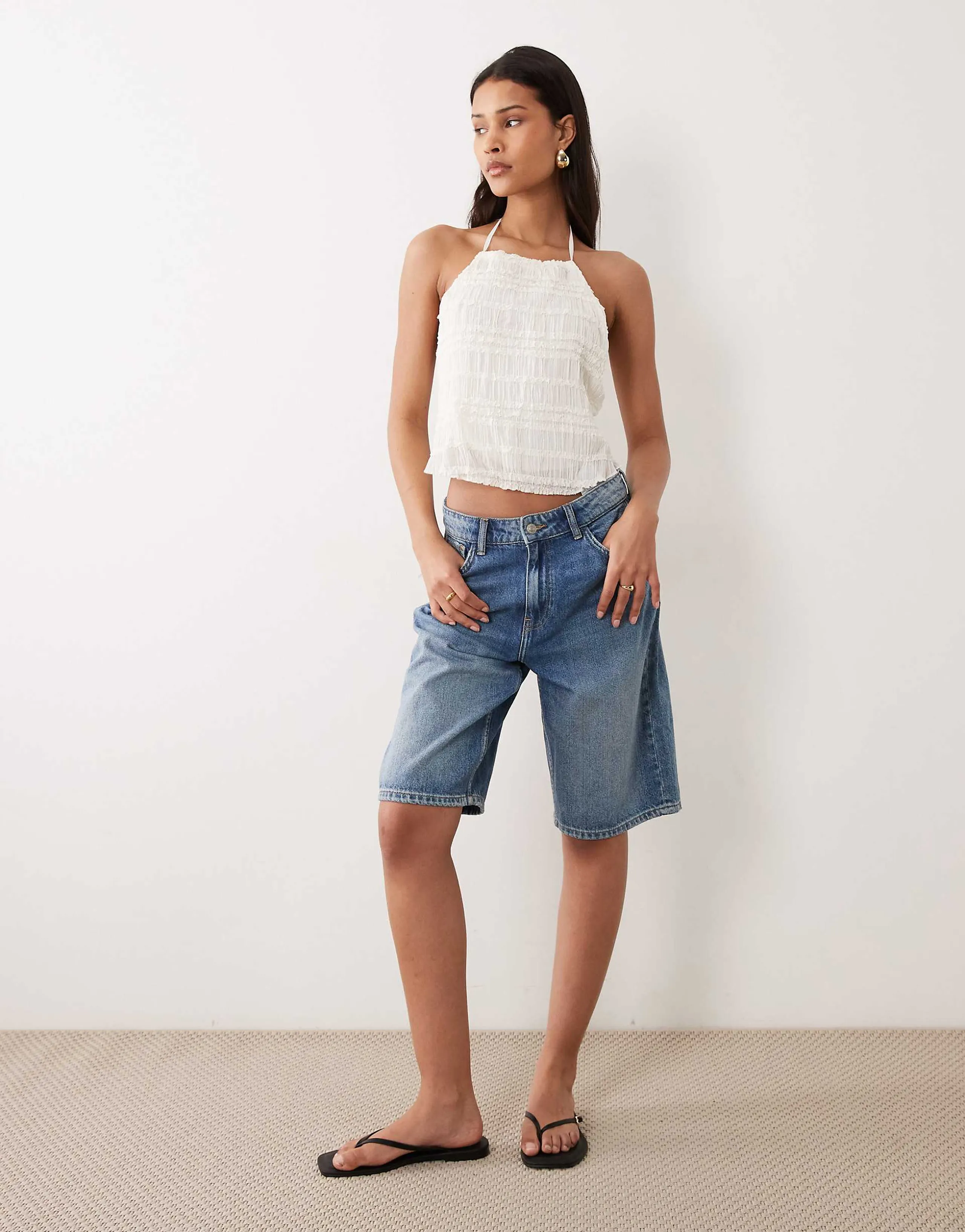JDY mid waist denim Bermuda shorts in mid blue