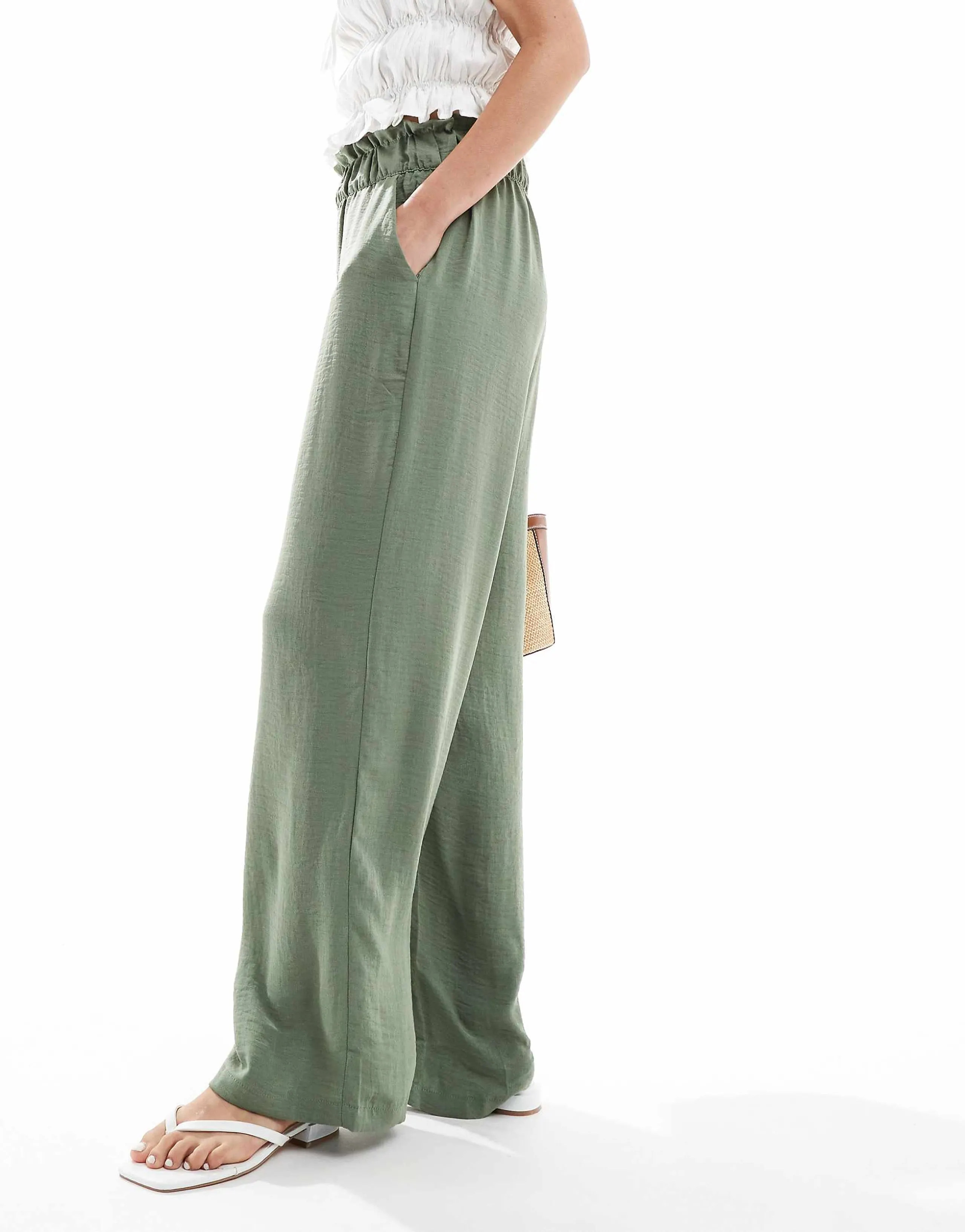 JDY paperbag waist wide leg linen look pants in khaki