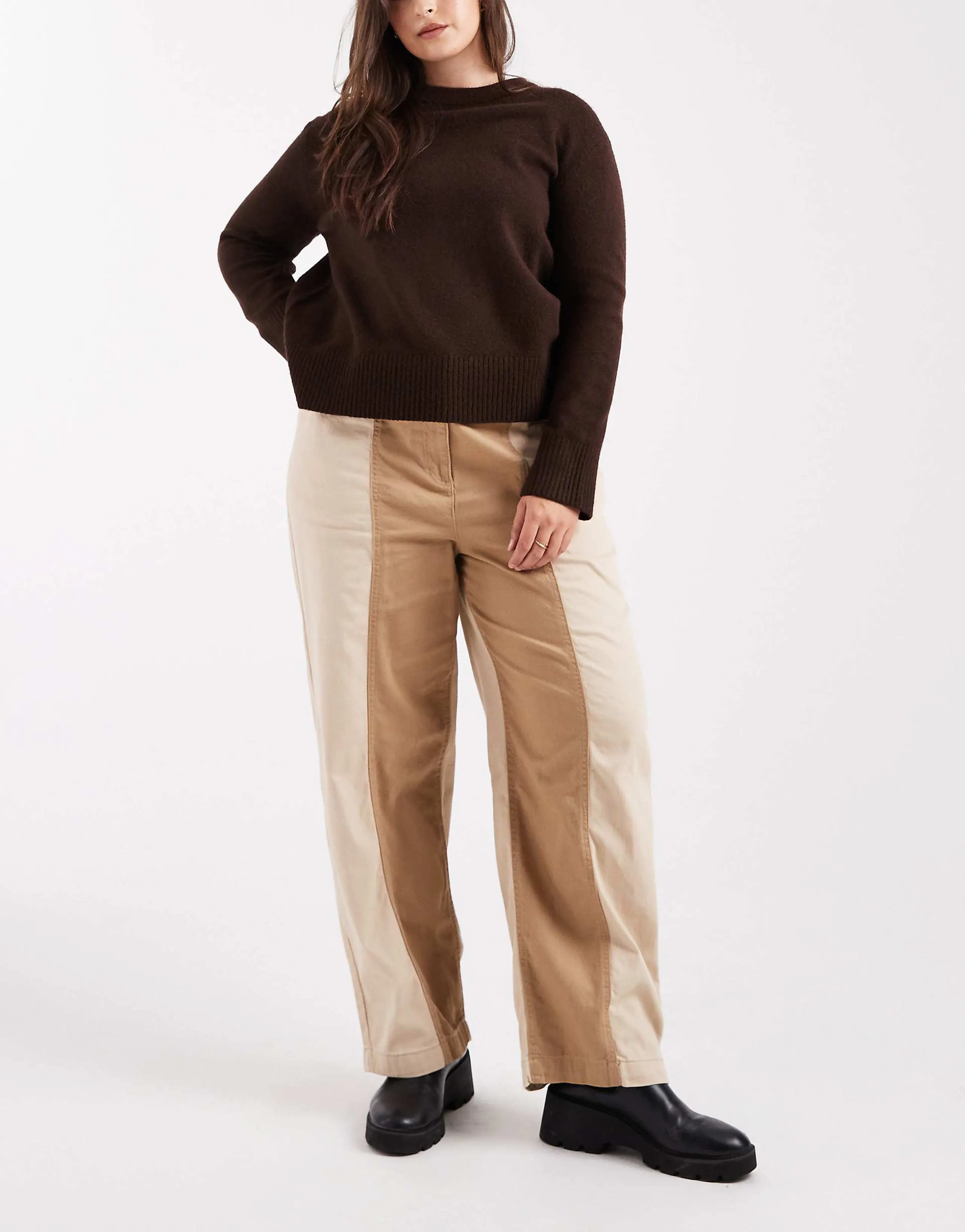 ASOS DESIGN Curve relaxed straight leg laundered color block pull on pants in brown