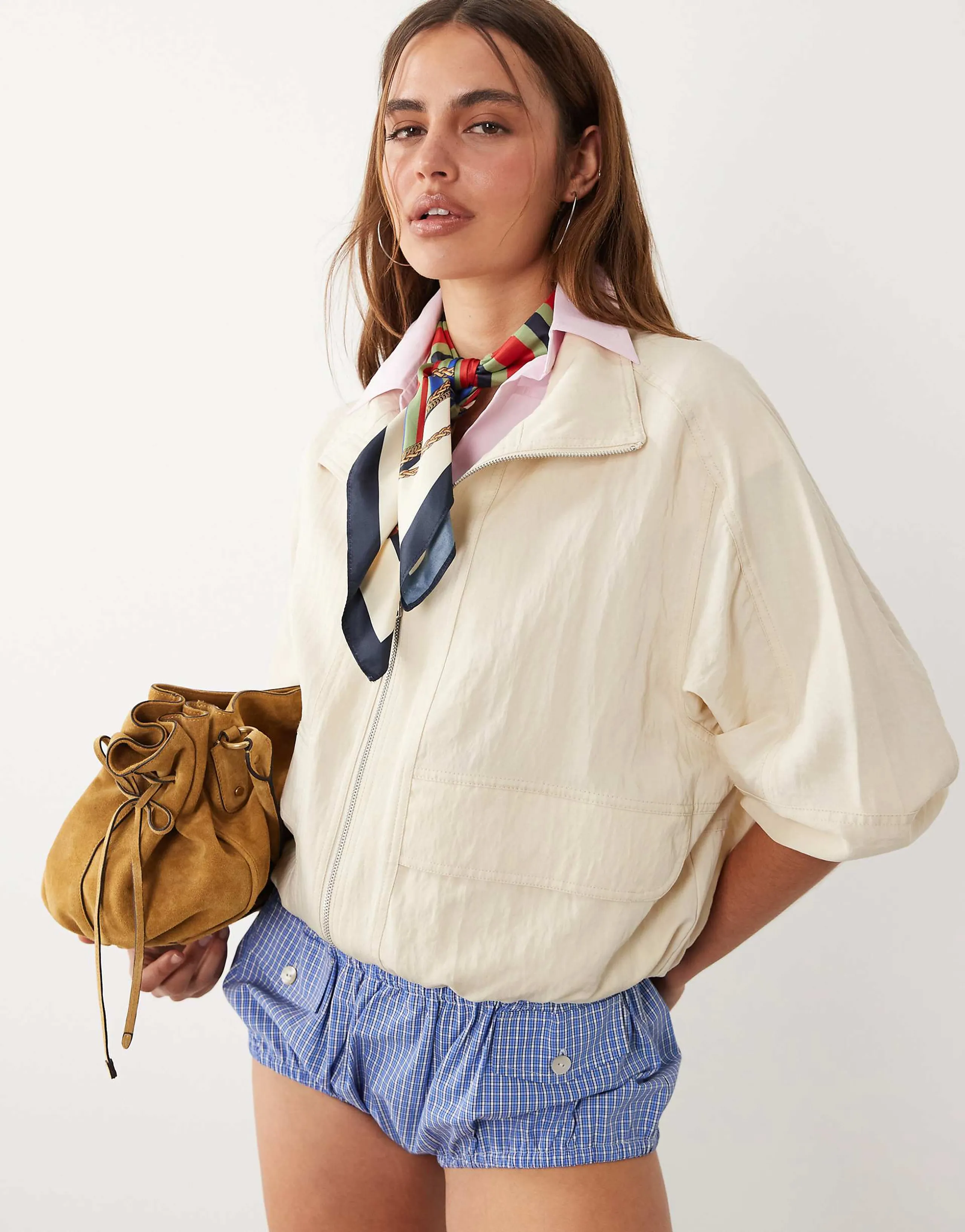 Mango starring Hailey Bieber funnel neck zip up bomber jacket in beige