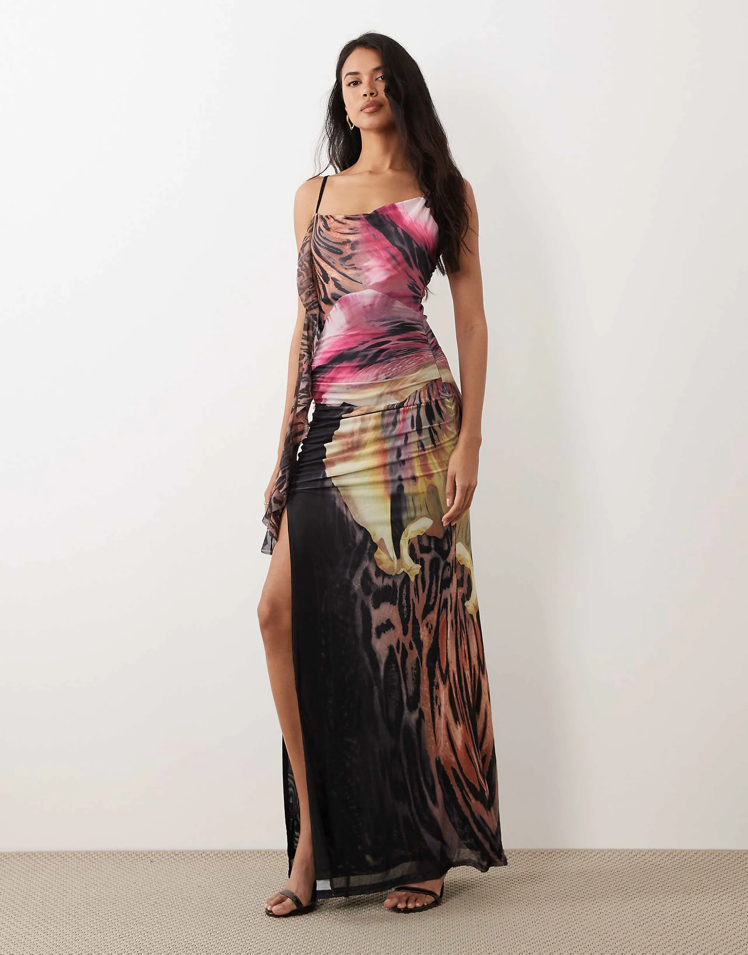Murci premium mesh cowl detail drape thigh slit maxi dress in leopard and orchid floral