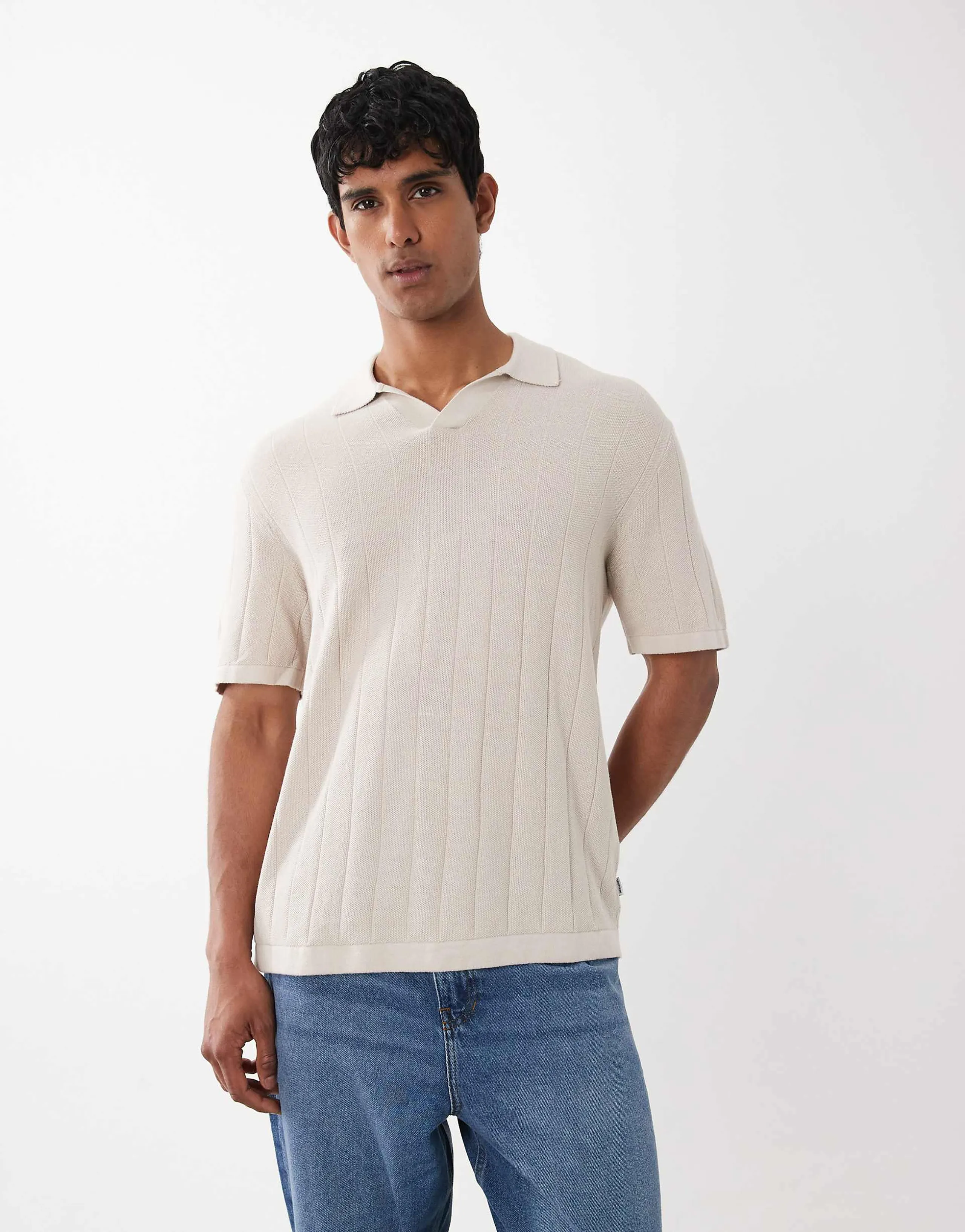 Jack & Jones knit split neck polo in cream