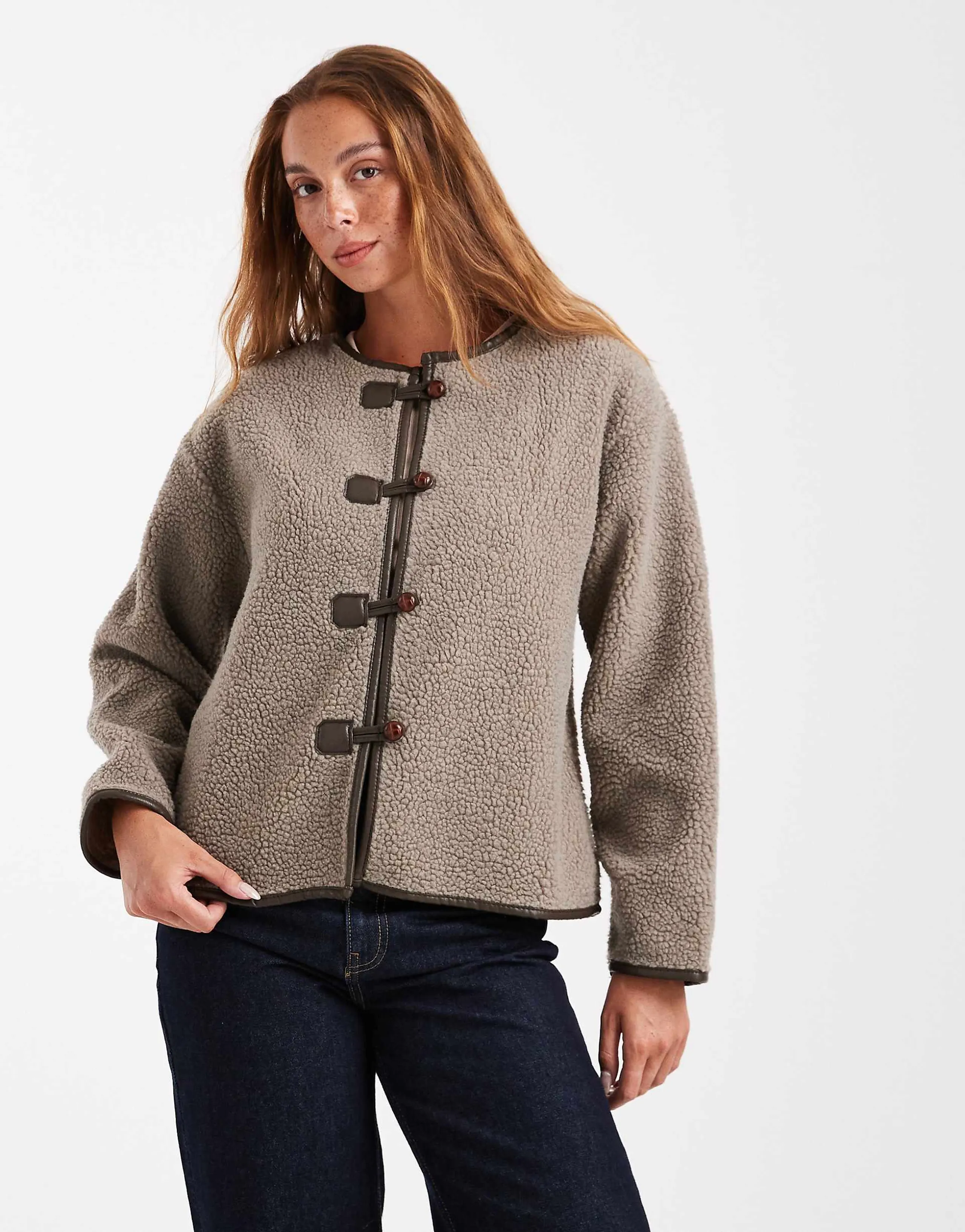 Brave Soul teddy collarless jacket with toggle closures in taupe