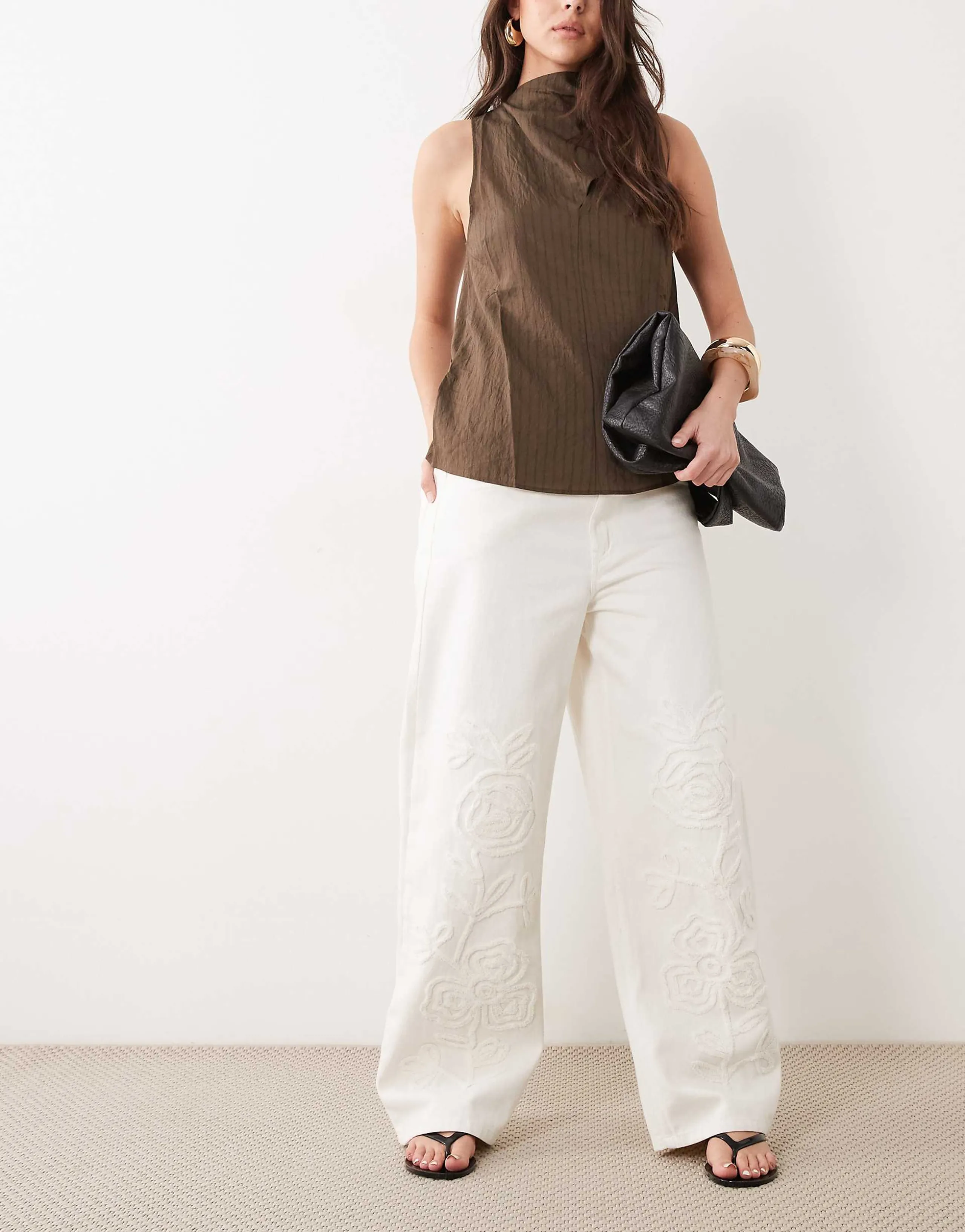 Mango Cameron 100% cotton embroidered straight jean in cream