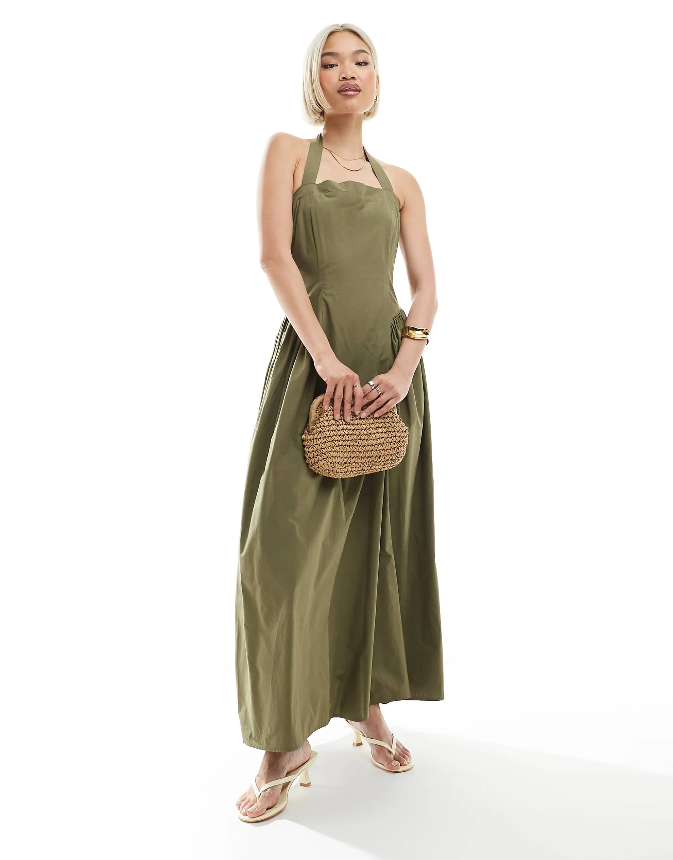 4th & Reckless cotton square halterneck hip pleat detail maxi dress in olive green