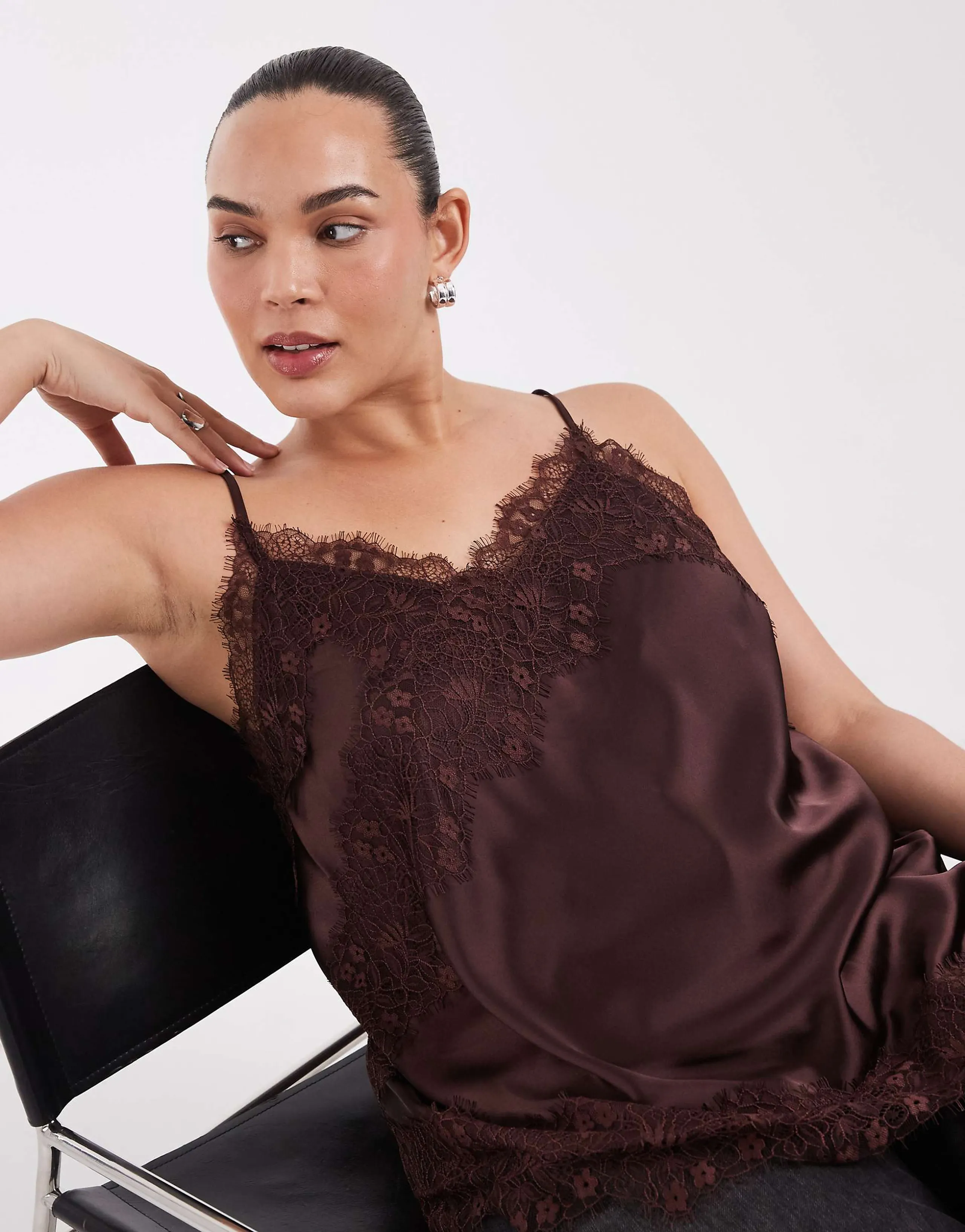 ONLY Curve asymm lace hem satin cami top in chocolate