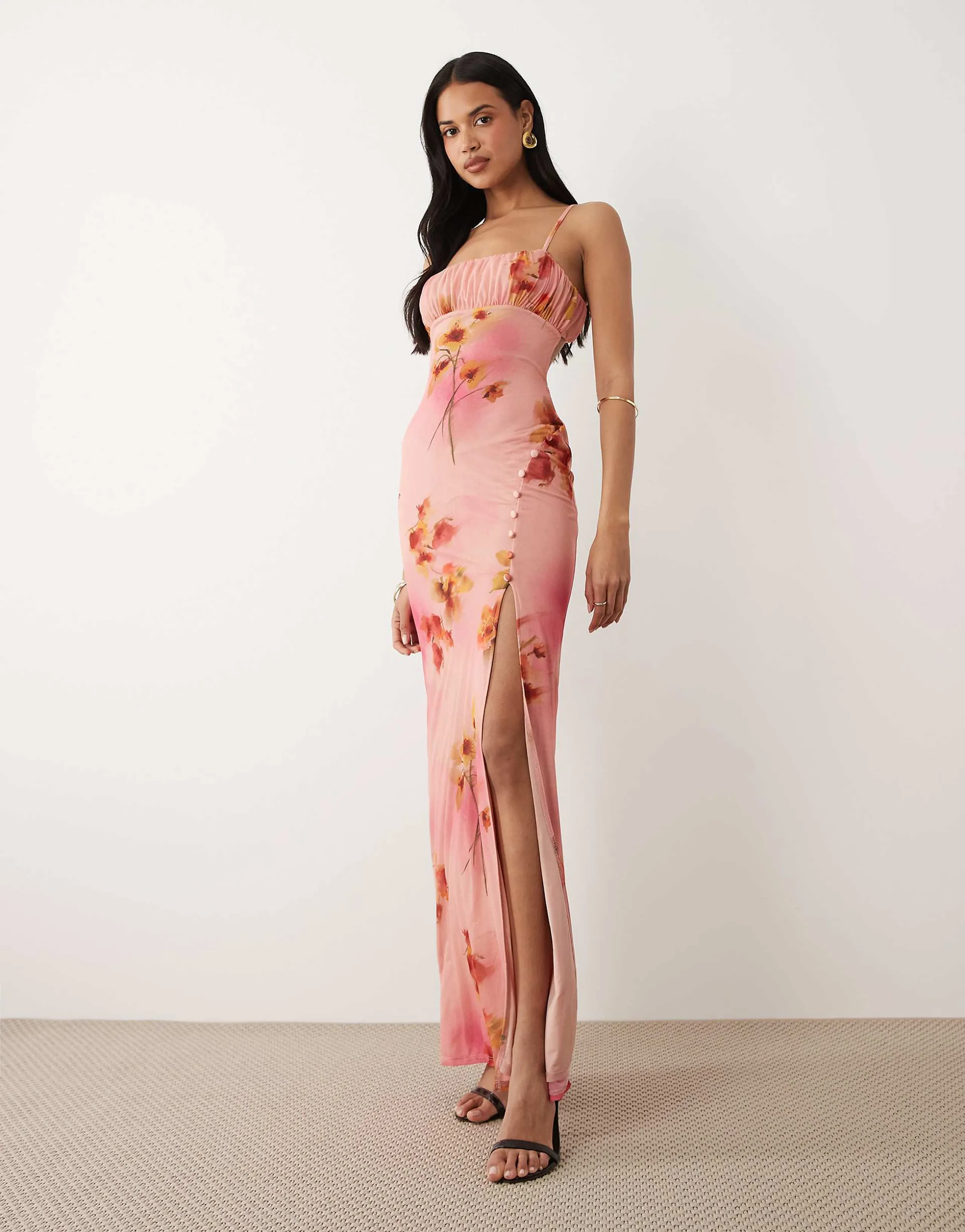 ASOS DESIGN ruched bust stretch chiffon maxi dress with buttoned up slit detail in pink floral