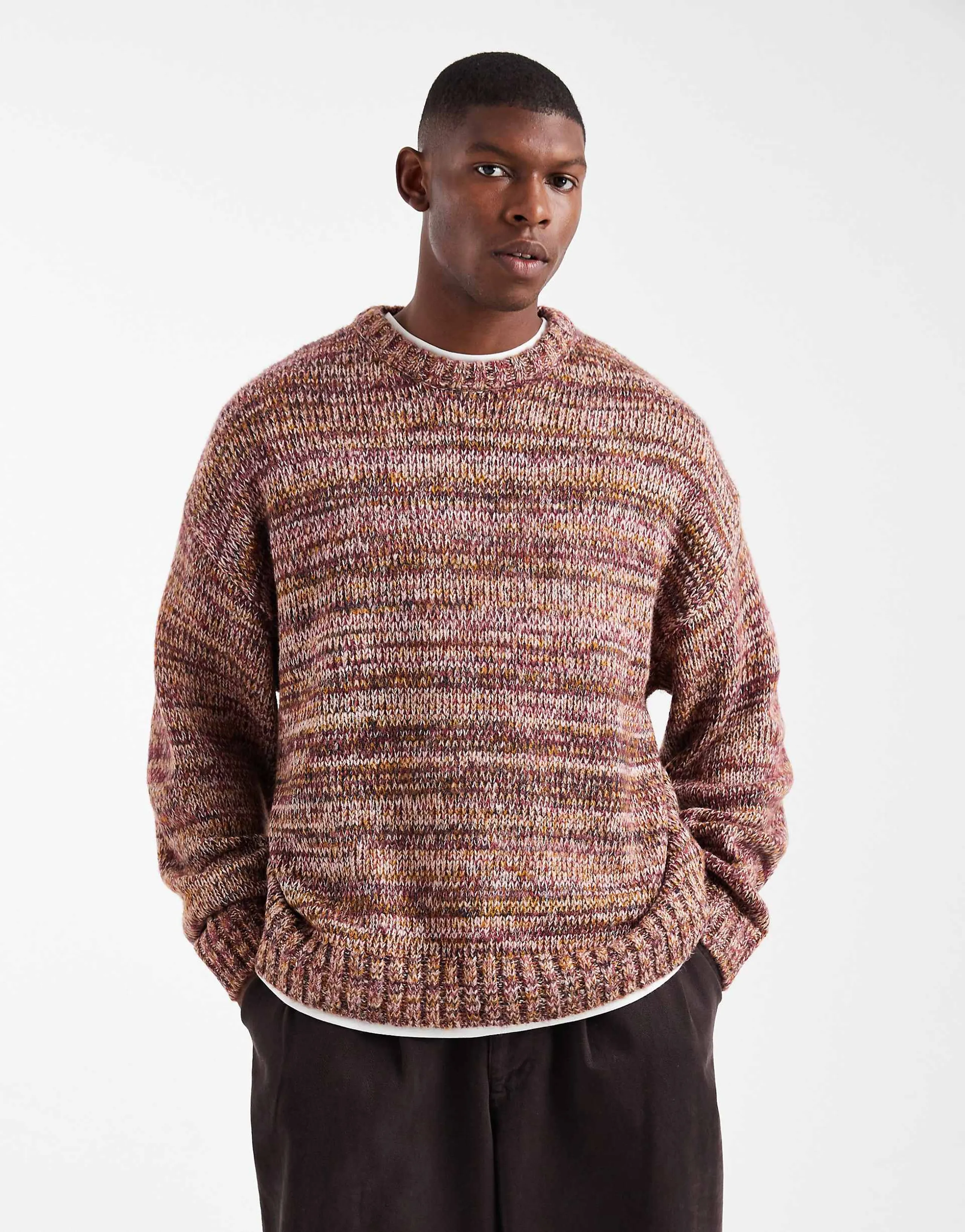 Cotton On boxy fit fuzzy crew neck knit sweater in brown multi