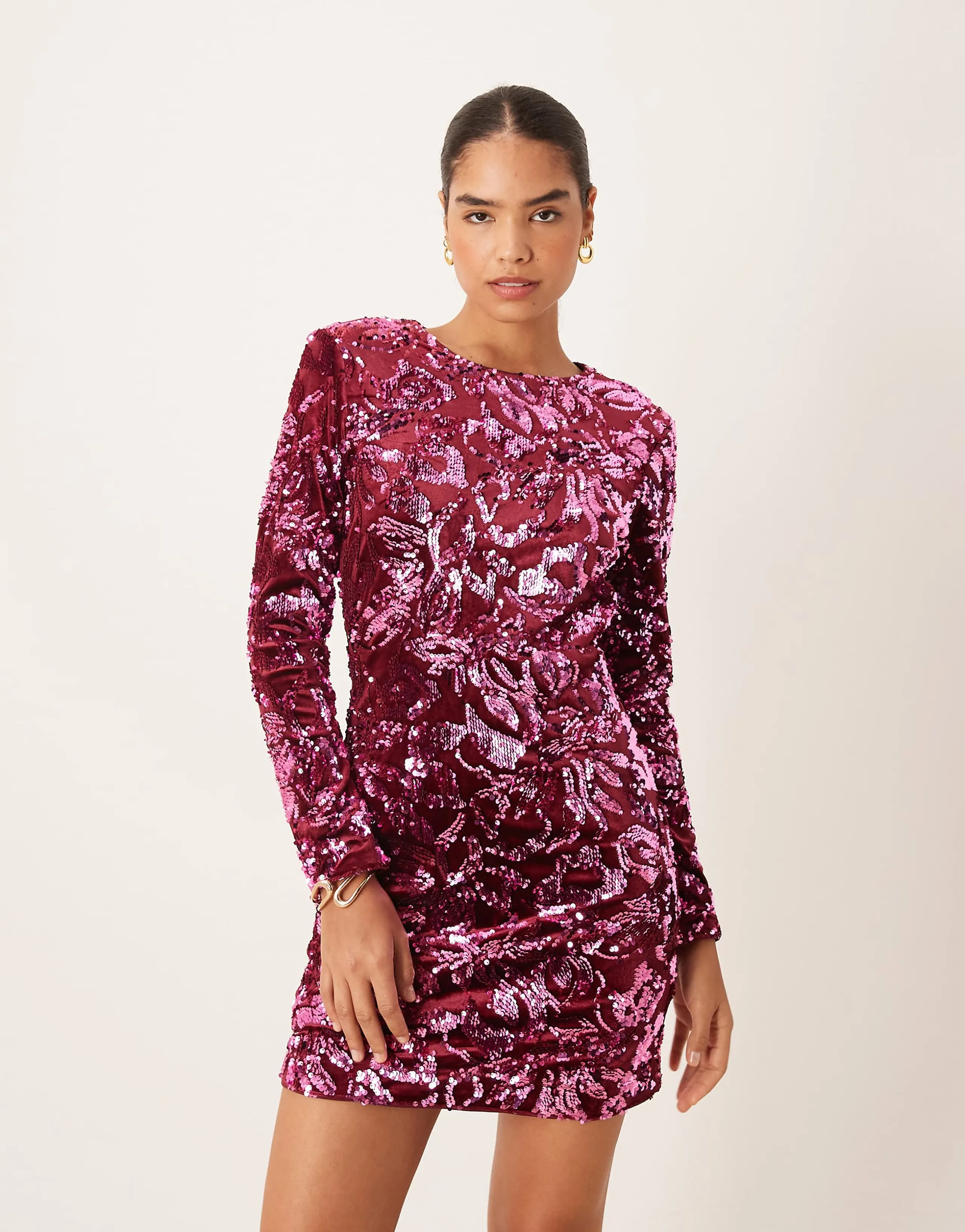 YAS sequin and velvet mini dress in dark pink