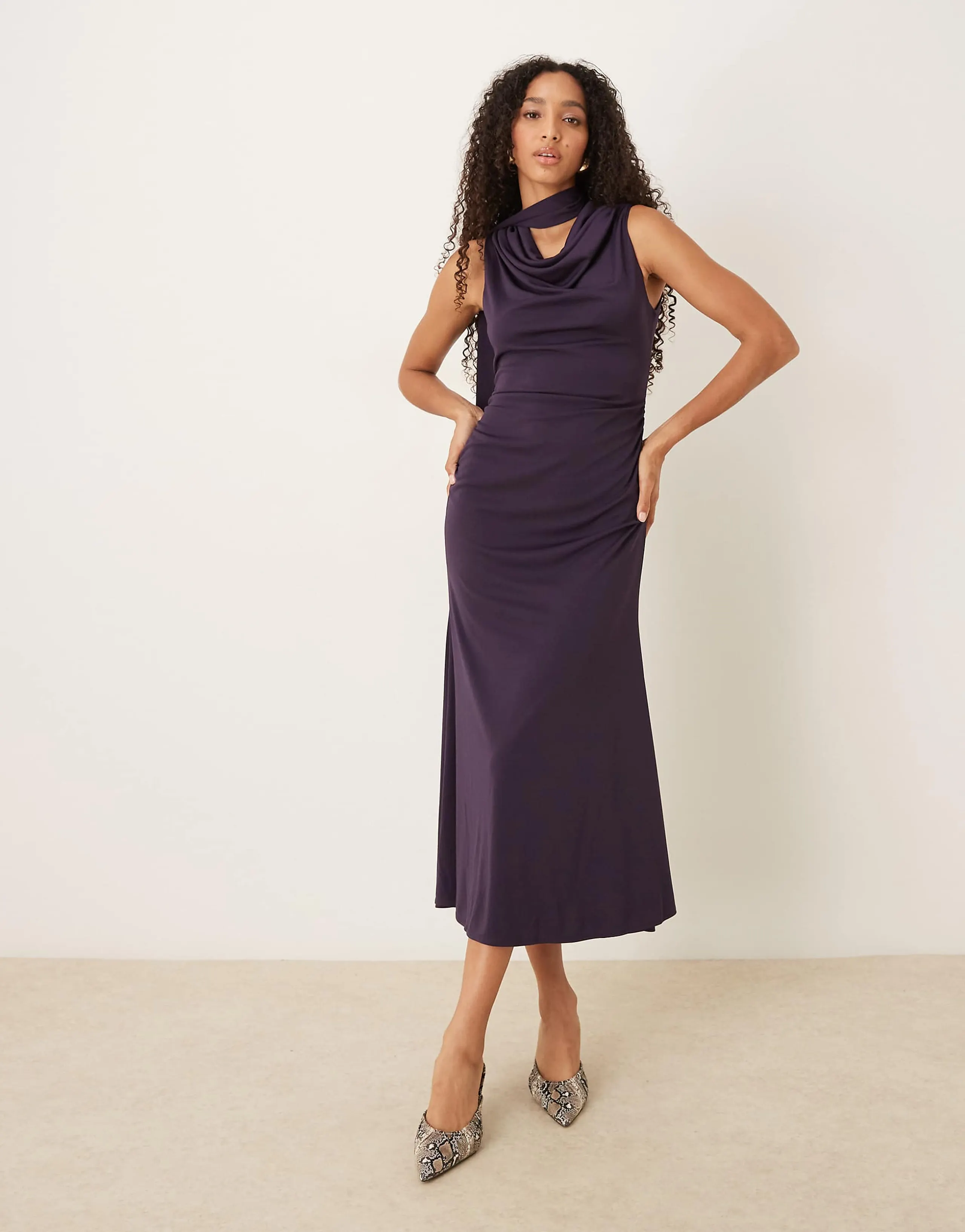 Nobody's Child Seren scarf tie neck midi dress in dark grape