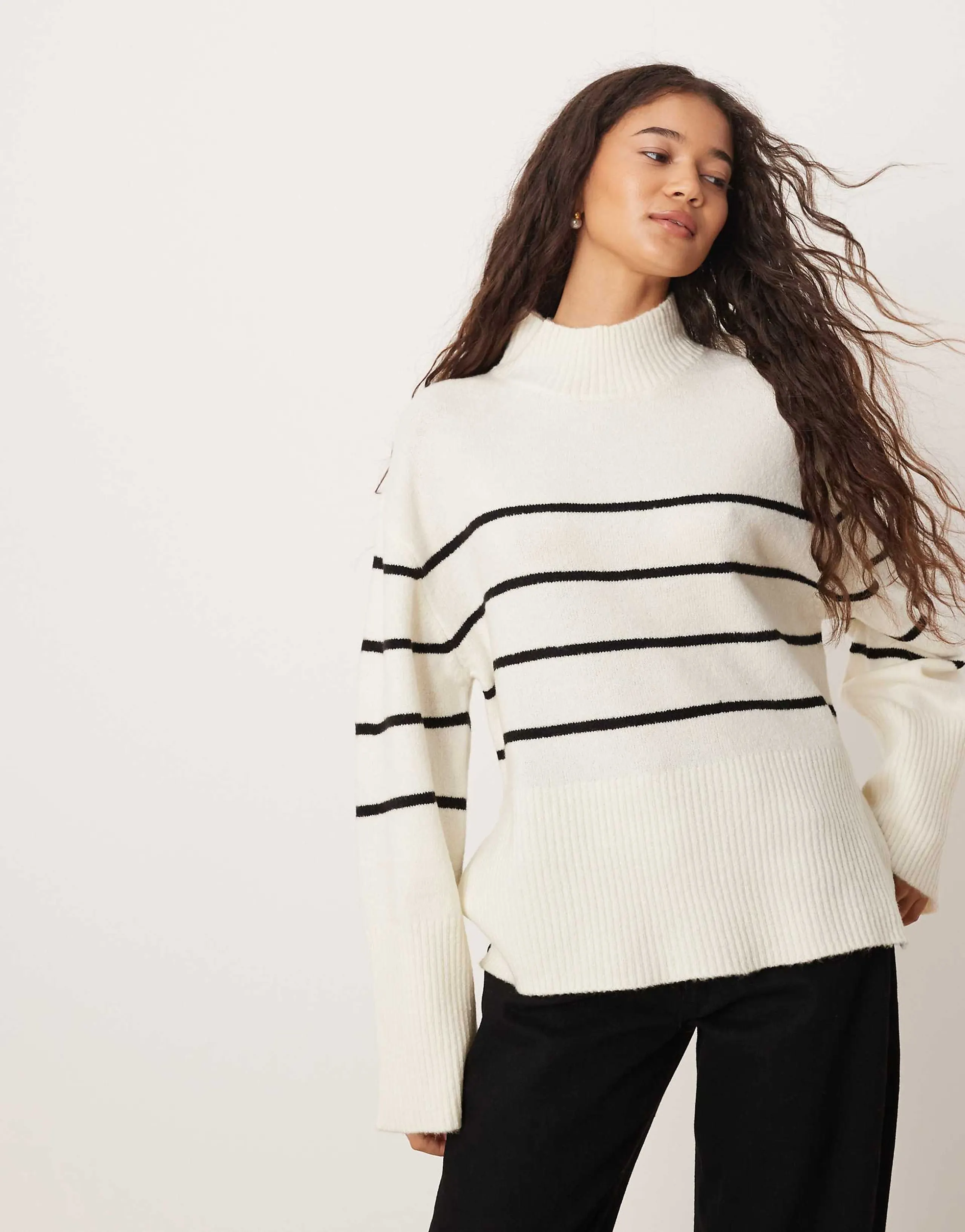 Brave Soul high neck loose fit sweater in white and black stripes
