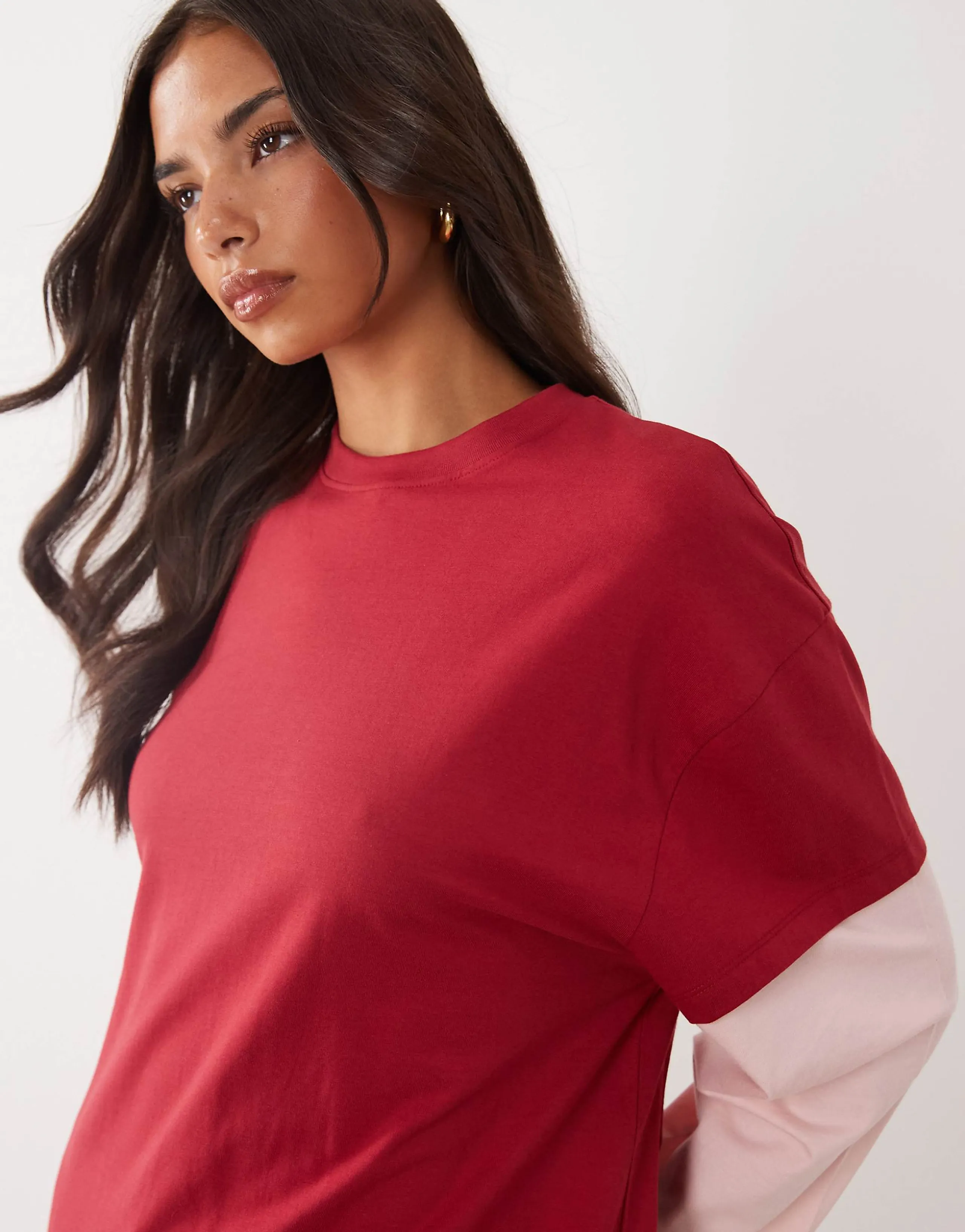ASOS DESIGN oversized double layer t-shirt in red & pink