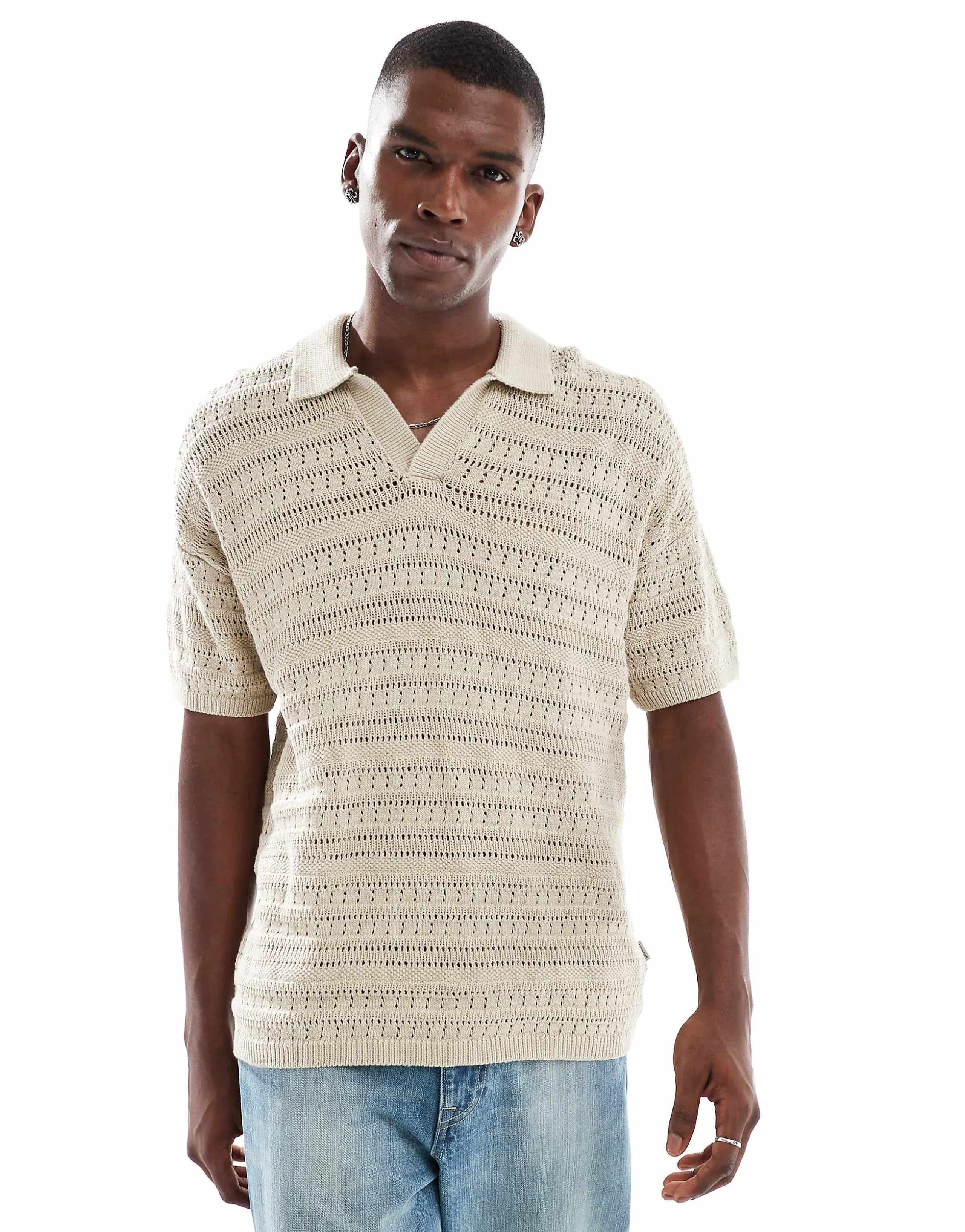 ONLY & SONS dropped shoulders open knit split neck polo shirt in beige