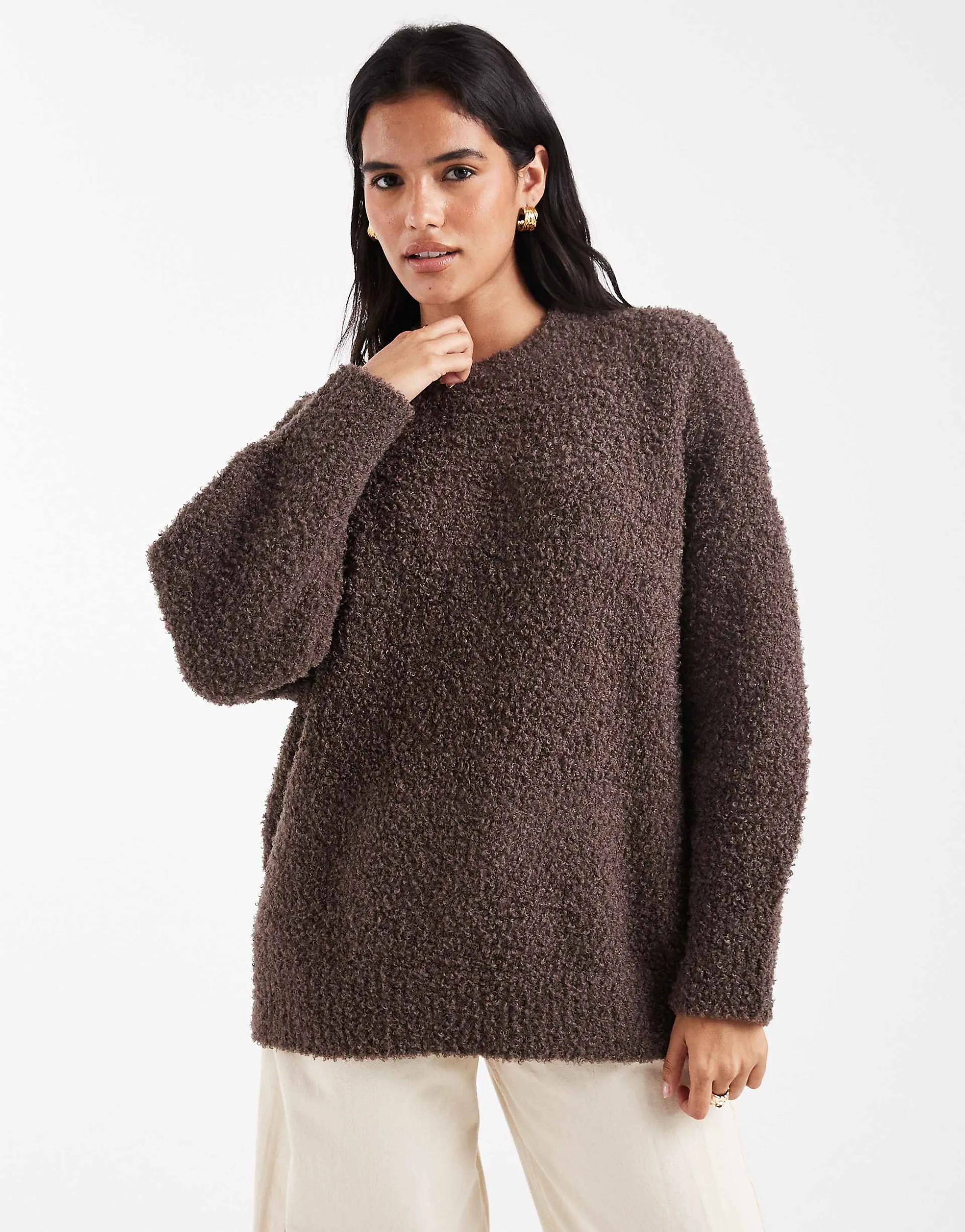 ASOS DESIGN oversized boucle sweater with curved hem in chocolate