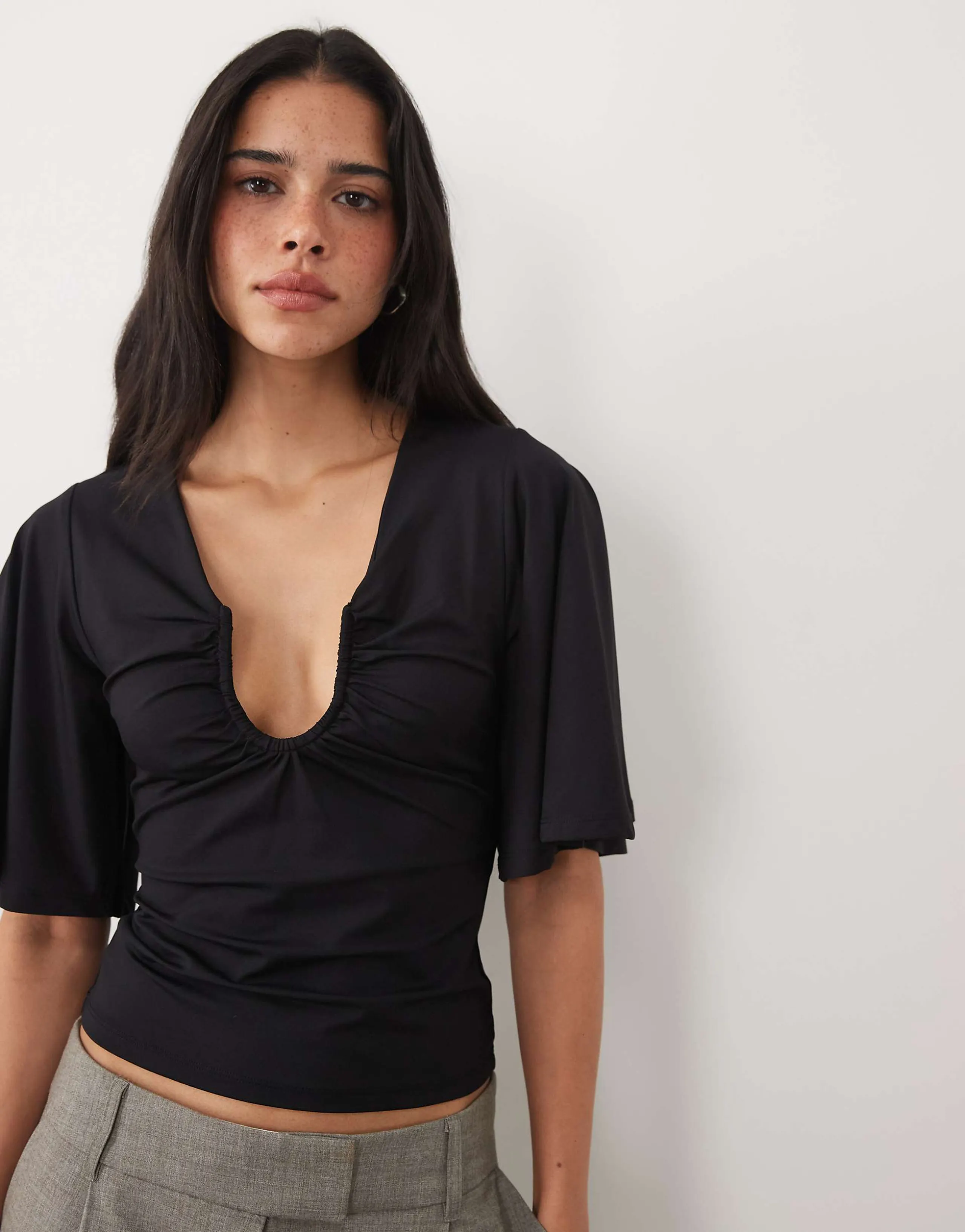 ASOS DESIGN flutter sleeve U wire top in black