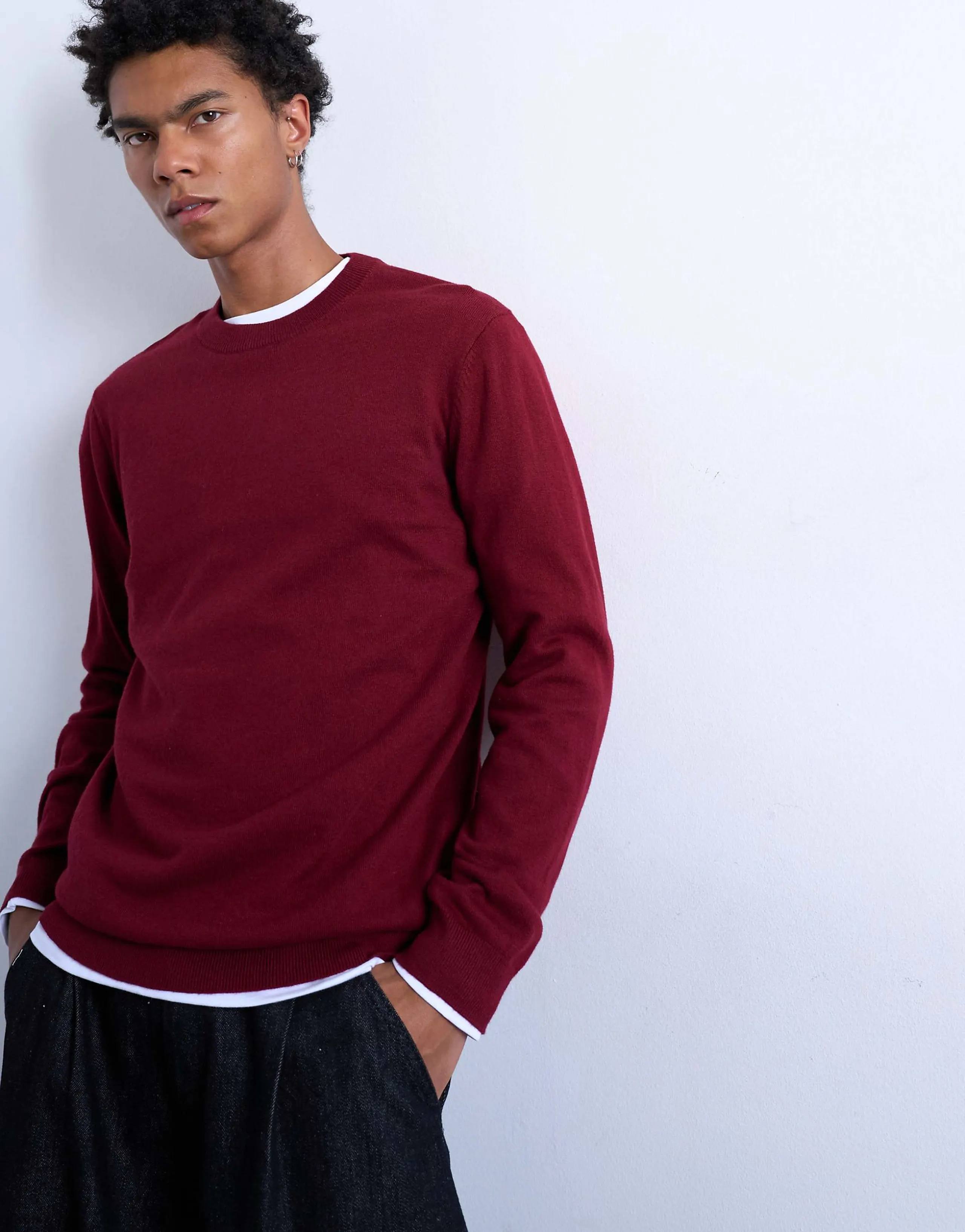 Topman essential knit crew neck sweater in burgundy