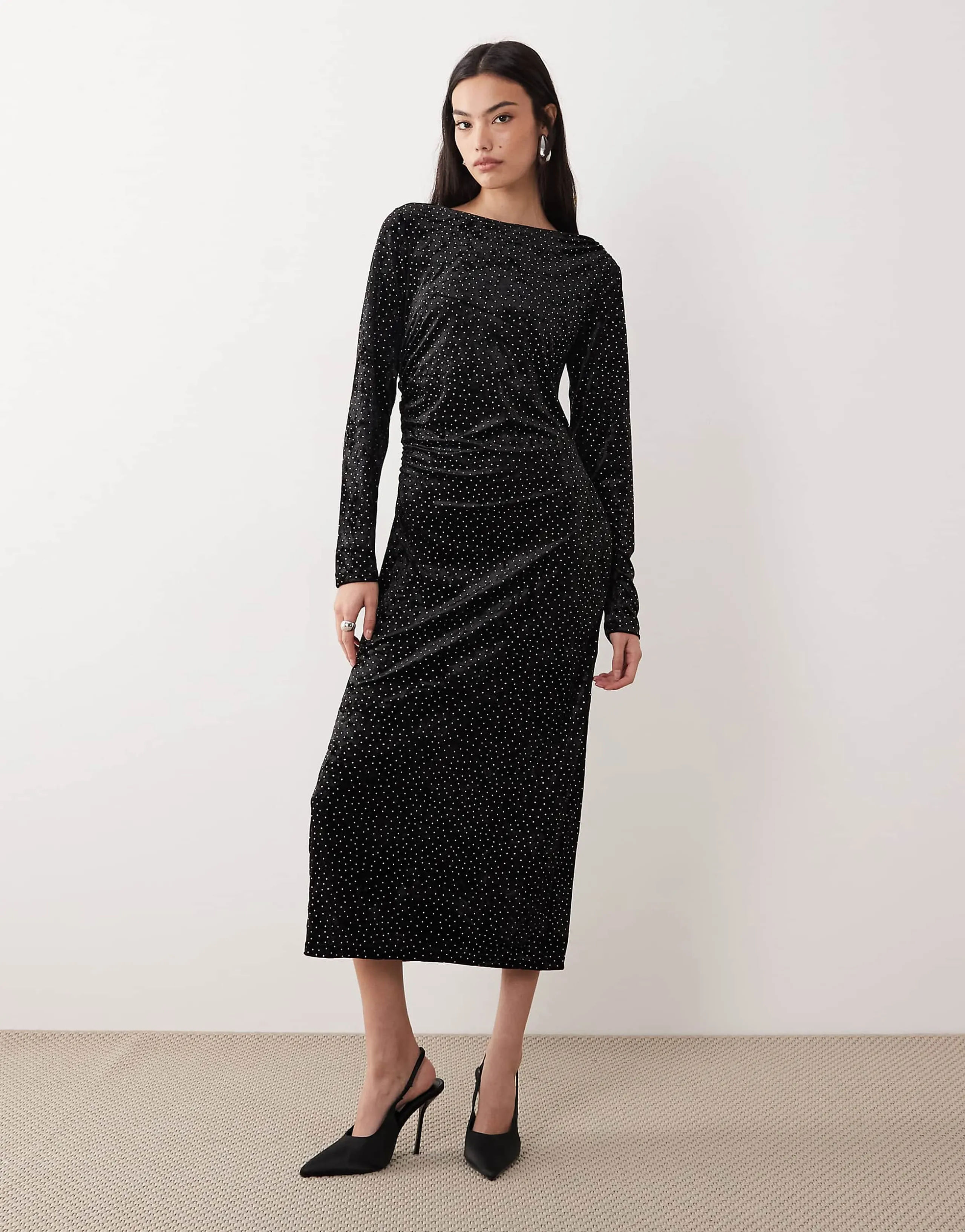 YAS ruched detailing velvet midi dress in black
